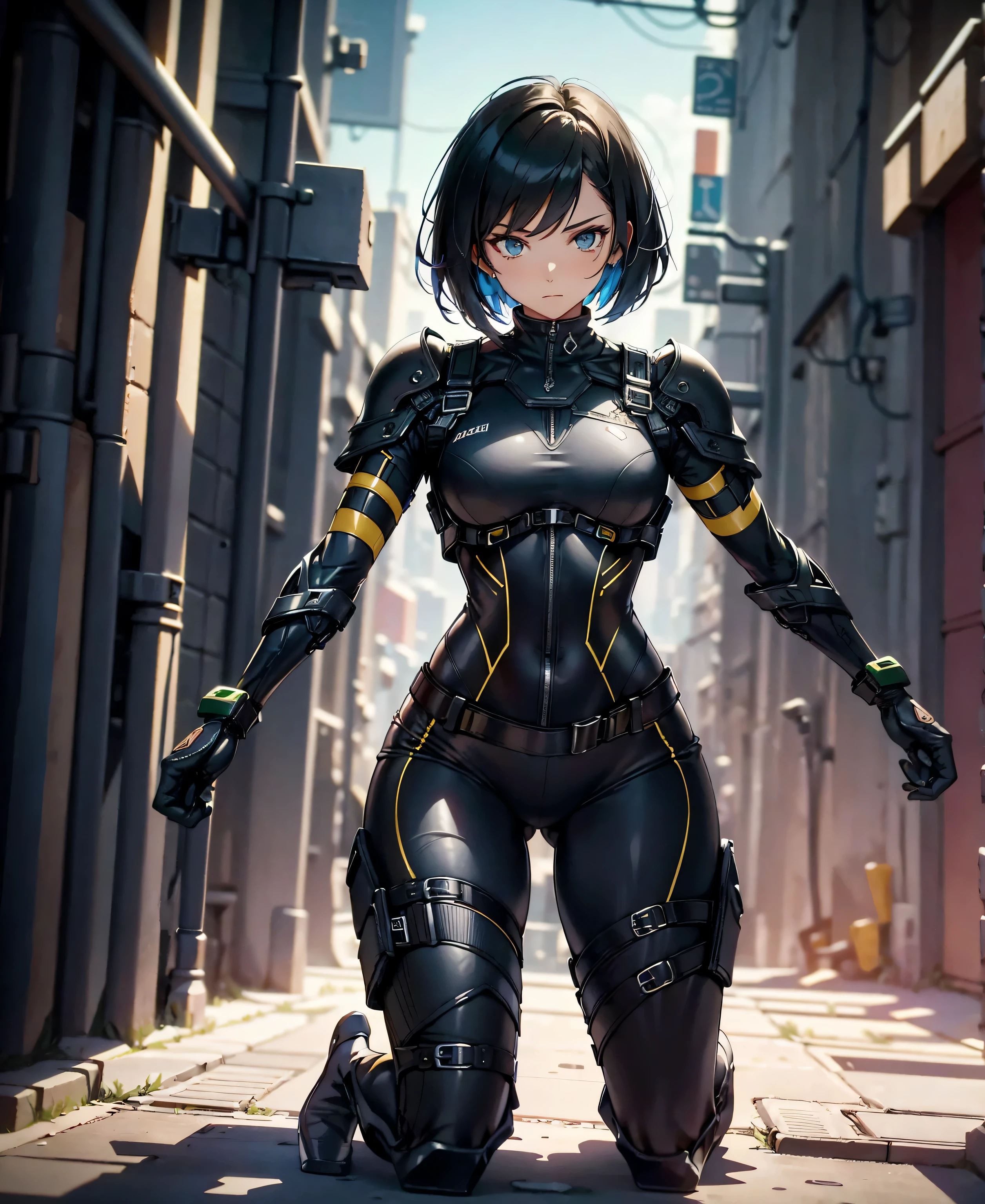 best quality,T Masterpiece,ultimate resolution,downy,highly colorful,colorful,Women Combatants,(kneeling pose)(Pointing at you in the ass)mature woman,Black Super Short Hair,Tight combat suit,tight suit,Steel City Background,night,Normal posture,Normal posture