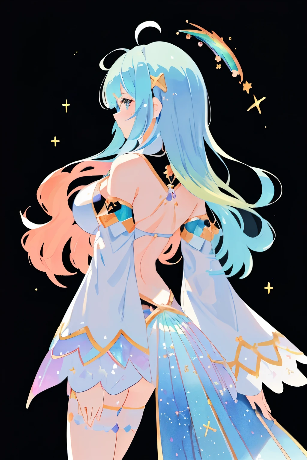 ((extremely detailed CG)),((8K_Wallpaper)),(((masutepiece))),((highest quality)),watercolor paitindium),((Beautiful detail of the starry sky)),Both sexes, (((Highly detailed back))),princess,very long iridescent hair,side view,lookingatviewer,Full-bodied,frill,(far from the viewer),((Very detailed face)),((very delicate and beautiful girl)),((Extremely detailed cute anime face)),((Very detailed eye body.))),(ultra-detailliert),illustration,((Bare belly)),((bare shoulders)),small breasts,((side tit)),((((floating and rainbow hair)))),(((Iridescence and rainbow hair))),(((Very detailed clothes))),((((Rainbow and iridescent colors)))),(Rainbow colors and rainbow hair with beautiful details,Beautifully done,drama angle,(large top with sleeves,blush,(Ahoge)