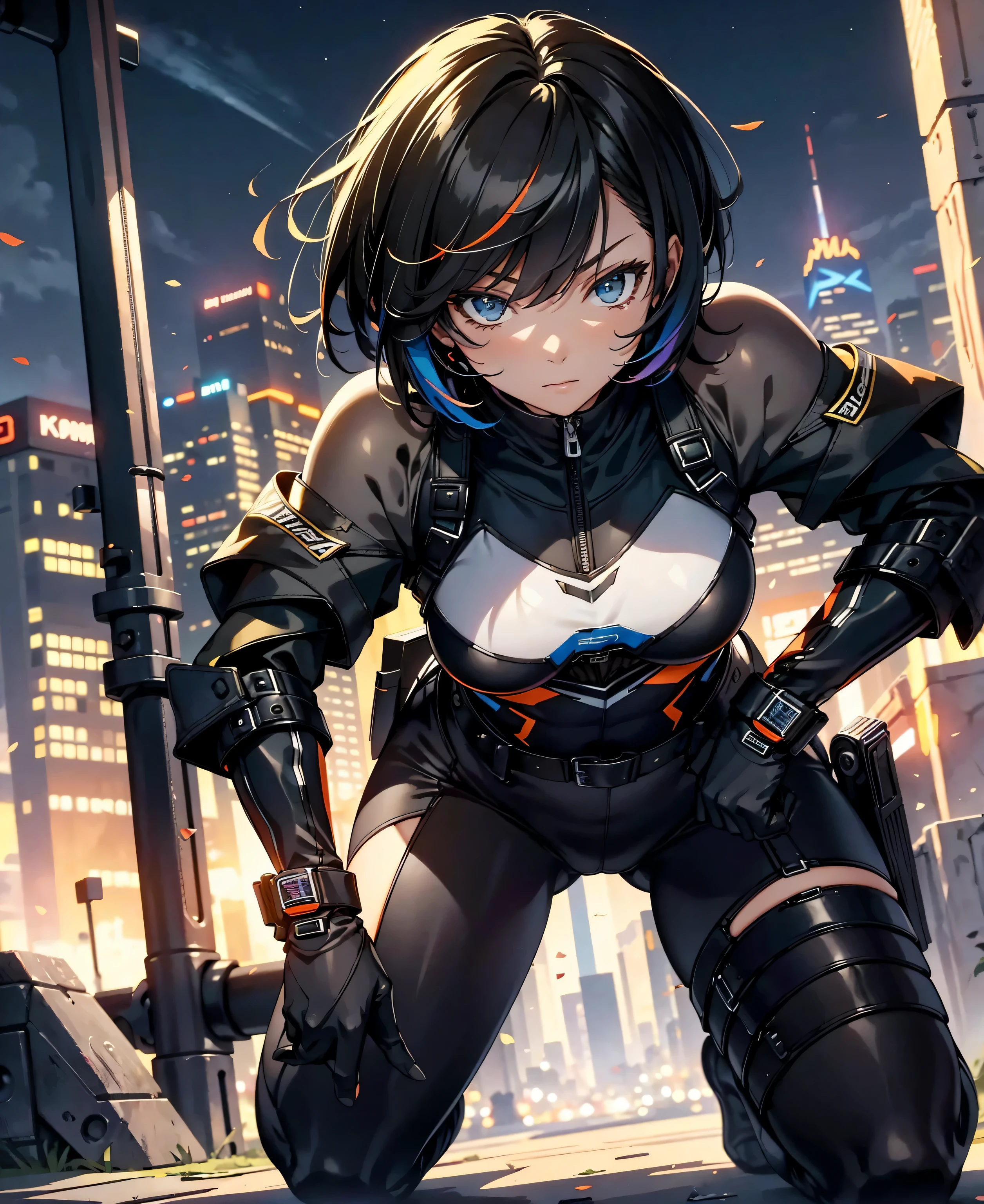 best quality,T Masterpiece,ultimate resolution,downy,highly colorful,colorful,Women Combatants,(kneeling pose)(Pointing at you in the ass)mature woman,Black Super Short Hair,Tight combat suit,tight suit,Steel City Background,night,Normal posture,Normal posture
