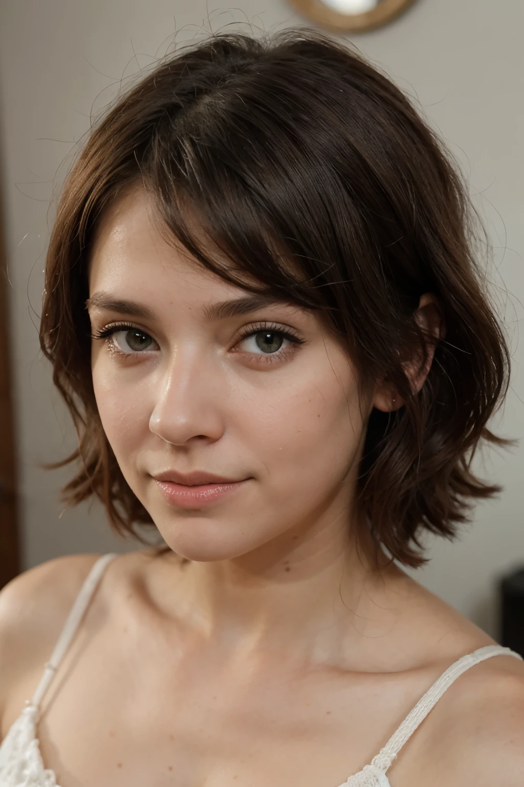 ((best quality)), ((masterpiece)), (detailed), perfect face A 26 year old lady with short brown beauty, tousled hair stands before you, her lips curved into a gentle, small smile. Her eyes hold a hint of curiosity and warmth, and her presence seems to radiate an aura of quiet confidence, realistic
