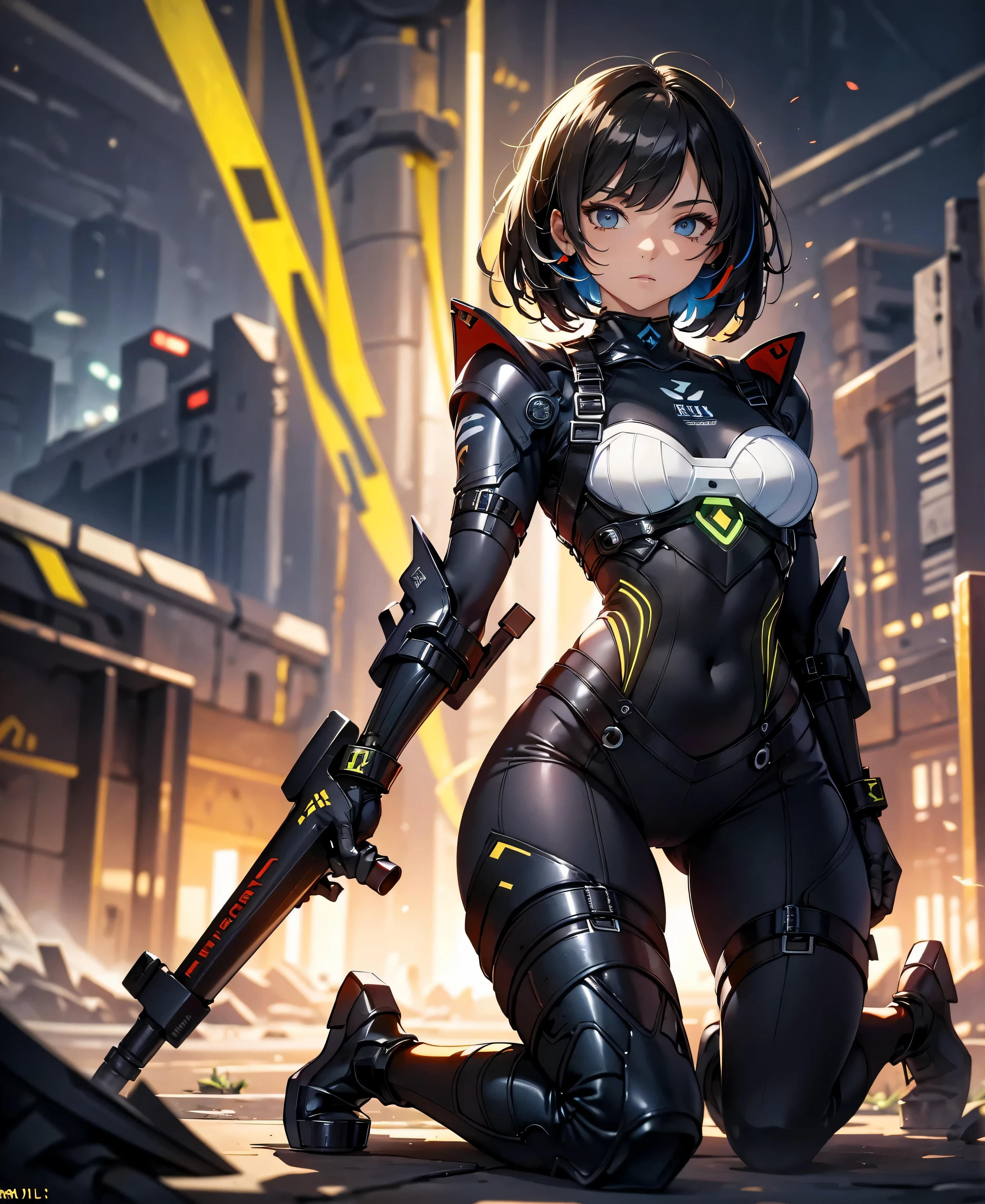 best quality,T Masterpiece,ultimate resolution,downy,highly colorful,colorful,Women Combatants,(kneeling pose)(Pointing at you in the ass)a matural female,Black Super Short Hair,Tight combat suit,tight suit,Steel City Background,night,Normal posture,Normal posture