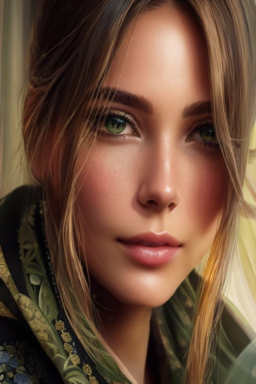 (best quality,ultra-detailed,realistic:1.37),mujer con belleza natural,brillantes ojos verdes,labios rosados y seductores,extremely detailed facial features,hermosa sonrisa,piel suave y radiante,long brown hair with blonde highlights,cabello corto, fine texture hair,mechas rubias que realzan su encanto,vestida con un elegante vestido de noche,brown eyes with a hint of green,ojos grandes y expresivos,green eyes that sparkle with intelligence and passion,iluminación suave y cálida, delicada sombra y luces,a peaceful garden as the backdrop,un jardín repleto de flores y vegetación exuberante,beautifully manicured trees and bushes,majestic fountain in the center of the garden,floating petals in the air,creating a dreamlike atmosphere,vibrant colors and vivid details,medium:painting,impressionist style,soft and gentle brushstrokes,subtle blending of colors,creating a sense of tranquility and elegance,bringing out the natural beauty of the woman's features.