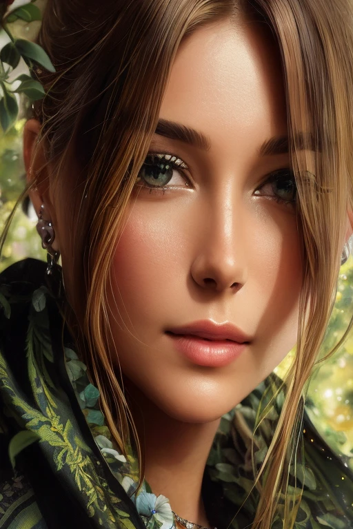(best quality,ultra-detailed,realistic:1.37),mujer con belleza natural,brillantes ojos verdes,labios rosados y seductores,extremely detailed facial features,hermosa sonrisa,piel suave y radiante,long brown hair with blonde highlights,cabello corto, fine texture hair,mechas rubias que realzan su encanto,vestida con un elegante vestido de noche,brown eyes with a hint of green,ojos grandes y expresivos,green eyes that sparkle with intelligence and passion,iluminación suave y cálida, delicada sombra y luces,a peaceful garden as the backdrop,un jardín repleto de flores y vegetación exuberante,beautifully manicured trees and bushes,majestic fountain in the center of the garden,floating petals in the air,creating a dreamlike atmosphere,vibrant colors and vivid details,medium:painting,impressionist style,soft and gentle brushstrokes,subtle blending of colors,creating a sense of tranquility and elegance,bringing out the natural beauty of the woman's features.
