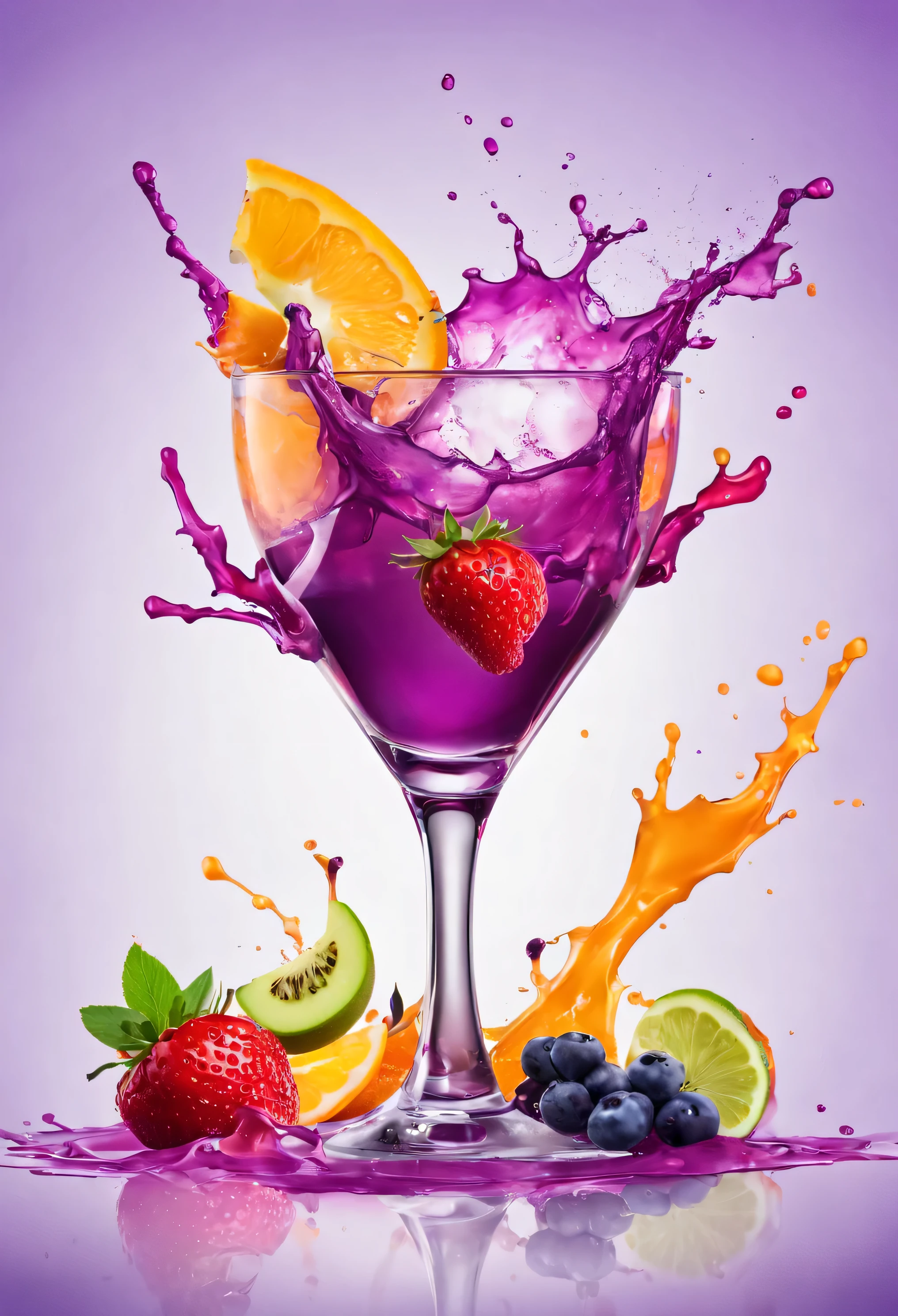 fruit cocktail drink glass, colorful splash, high definition, purple background