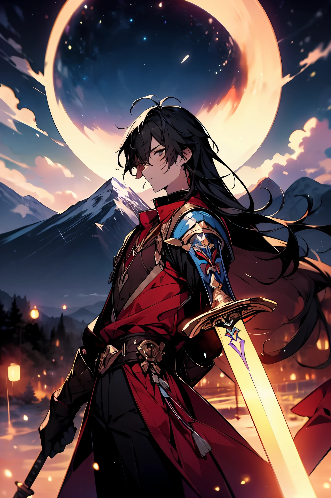 00398-3668547139-ffxxxgggxxxff, long hair, 1boy, male focus, solo, weapon, sword, mountain, holding, bangs, gloves, sky, holding weapon, night, j