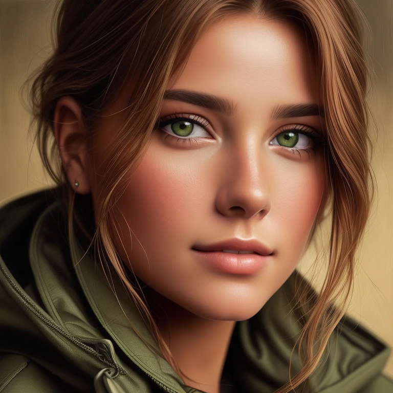 a close-up of a woman in a green jacket and brown hair, pintura digital realista, arte digital realista 4 k, arte digital realista 4k, impresionante pintura digital, ultra pintura digital realista, arte digital realista, photopintura digital realista, hermoso rostro realista, preciosa pintura digital, photohermoso rostro realista, hermoso rostro realista, dibujo digital realista