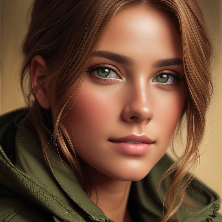 a close-up of a woman in a green jacket and brown hair, pintura digital realista, arte digital realista 4 k, arte digital realista 4k, impresionante pintura digital, ultra pintura digital realista, arte digital realista, photopintura digital realista, hermoso rostro realista, preciosa pintura digital, photohermoso rostro realista, hermoso rostro realista, dibujo digital realista