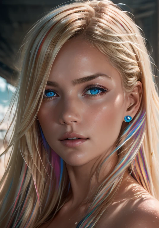 analog style, model shoot style, RAW photo ((portrait:1.8)) of a (young woman:1.5), ((colorful photo:1.5)), (long blonde hair, multicolored hair:1.7), ((cute face: 1.7, perfect face:1.3)), looking at viewer,
(shiny body:1.5, pale skin:1.5), best quality, epic (by lee jeffries and quentin tarantino photo, sony a7, 50 mm, pores:1.5, colors, hyperdetailed:1.5,
film grain:1.4, hyperrealistic: 1.5), hyper-realistic lifelike texture, masterpiece, unreal engine 5, Extremely detailed CG unity 8k wallpaper, realistic eyes, UHD, HDR, DSLR,
Madly detailed photo, (ecstasy of light and shadow, deep shadow), (Winner of the Pulitzer Prize for Photography and Taylor Wessing Photographic Prize)