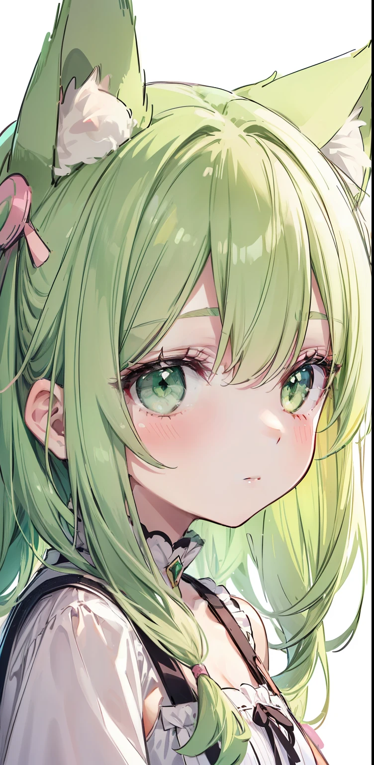 (Sketch drawing), (close up), (Small body), (pink cheeks), (green cat ears), (cute cat with ears on her hair), (green eyes with hair) , (fringe), (Details on the strands), (White background),