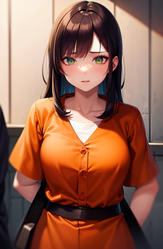 anime girl in orange uniform with green eyes and a white shirt, dressed in orange inmate attire, wearing orange prison jumpsuit, wearing prison jumpsuit, prison jumpsuit, female anime character, kawacy, makoto shinka, with prison clothing, seductive anime girl, prison background, marin kitagawa fanart, prisoner, ilya kuvshinov with long hair