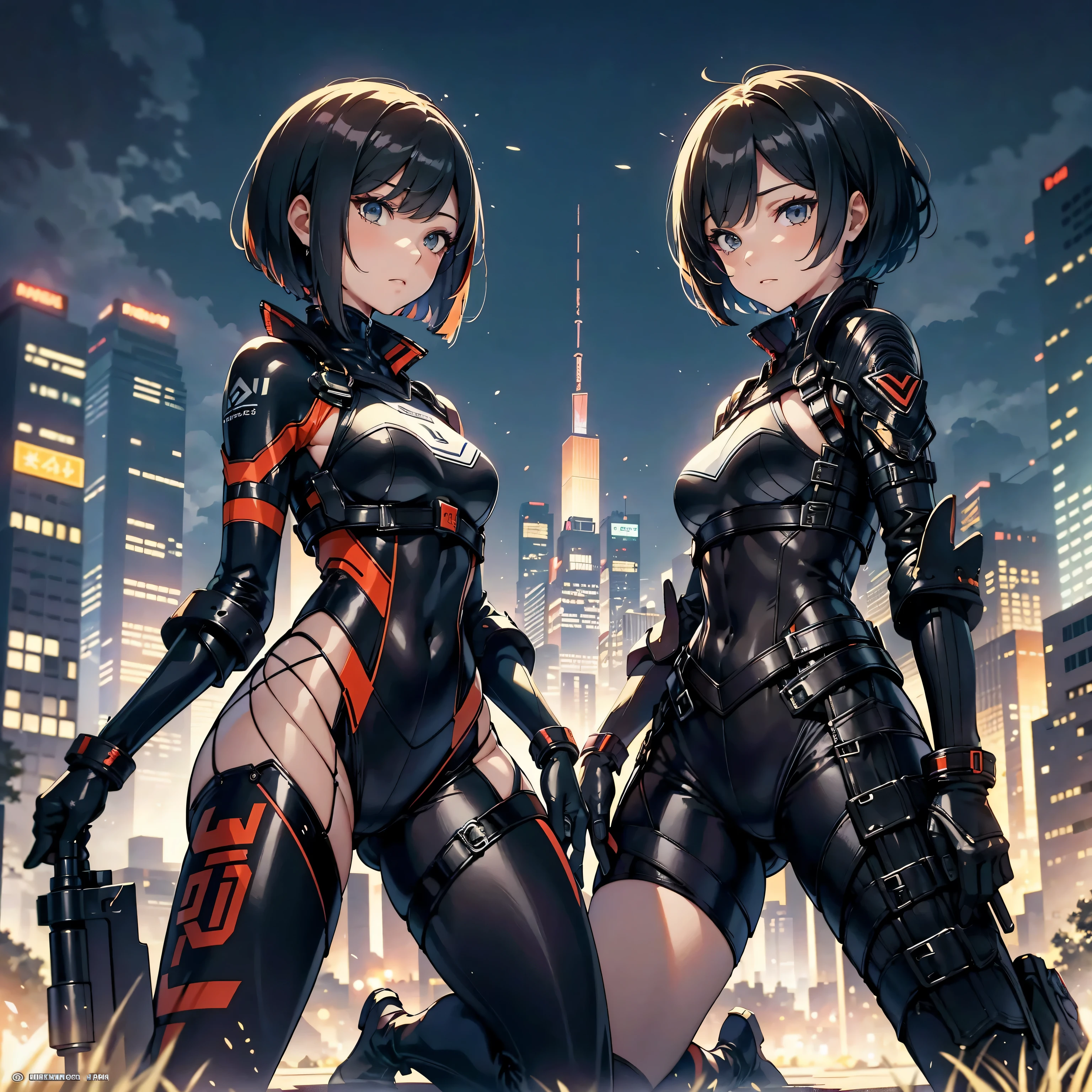 best quality，T Masterpiece，ultimate resolution，downy，非常にcolorful，colorful，Women Combatants，（kneeling pose）（Pointing at you in the ass）mature woman，Black Super Short Hair，Tight combat suit，tight suit，Steel City Background，night，normal posture，normal posture