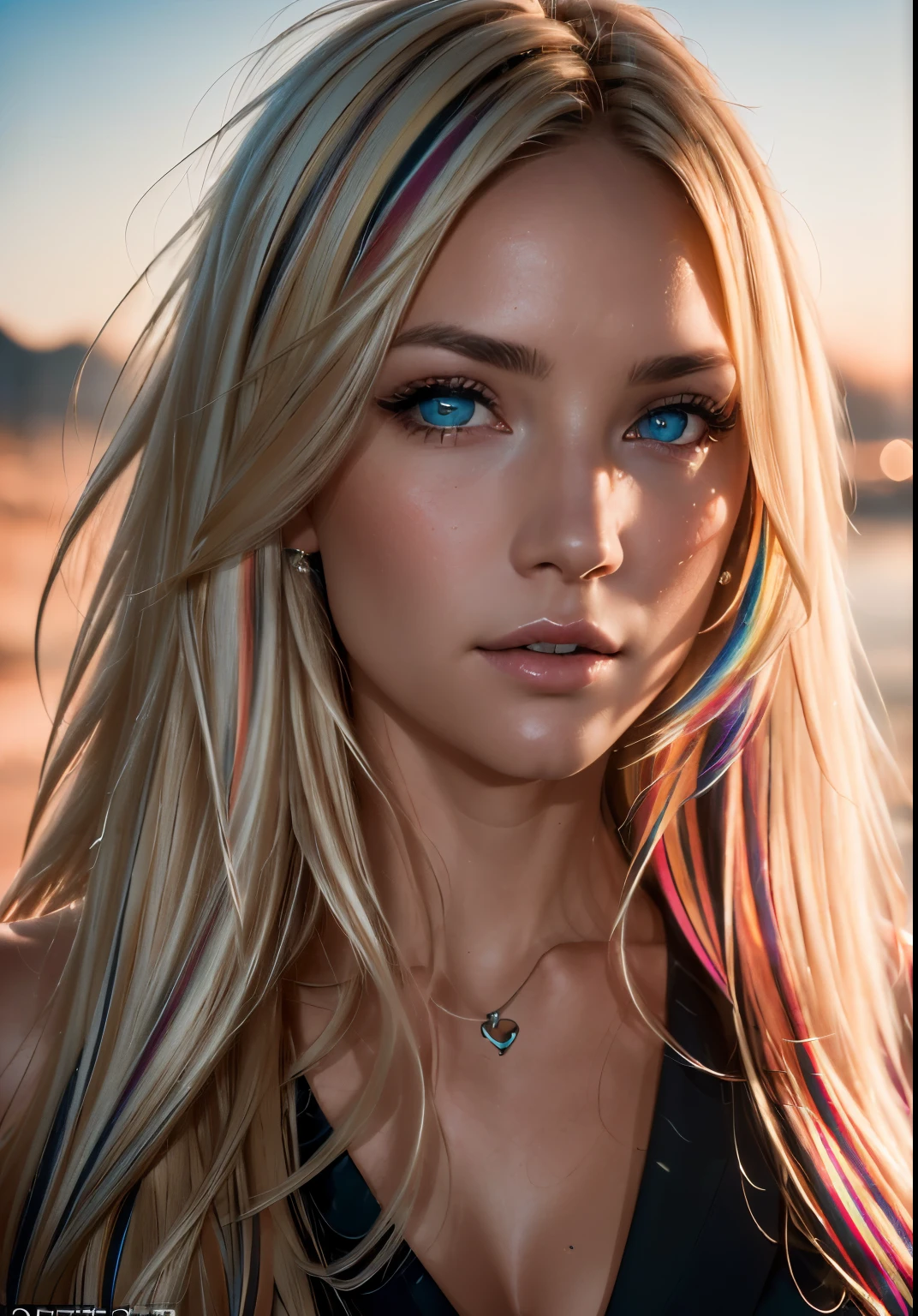 analog style, model shoot style, RAW photo ((portrait:1.8)) of a (young woman:1.5), ((colorful photo:1.5)), (long blonde hair, multicolored hair:1.7), ((cute face: 1.7, perfect face:1.3)), looking at viewer,
(shiny body:1.5, pale skin:1.5), best quality, epic (by lee jeffries and quentin tarantino photo, sony a7, 50 mm, pores:1.5, colors, hyperdetailed:1.5,
film grain:1.4, hyperrealistic: 1.5), hyper-realistic lifelike texture, masterpiece, unreal engine 5, Extremely detailed CG unity 8k wallpaper, realistic eyes, UHD, HDR, DSLR,
Madly detailed photo, (ecstasy of light and shadow, deep shadow), (Winner of the Pulitzer Prize for Photography and Taylor Wessing Photographic Prize)