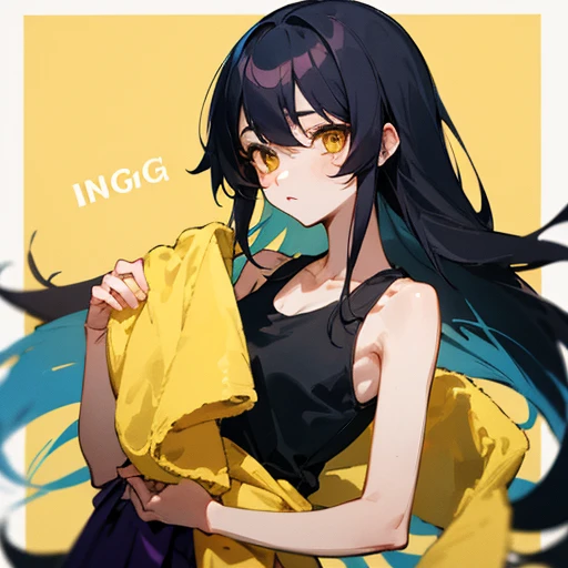 Name: Inugami Towel、yellow eyes and long black hair、holding a yellow towel、black tank top top、Purple hakama underneath