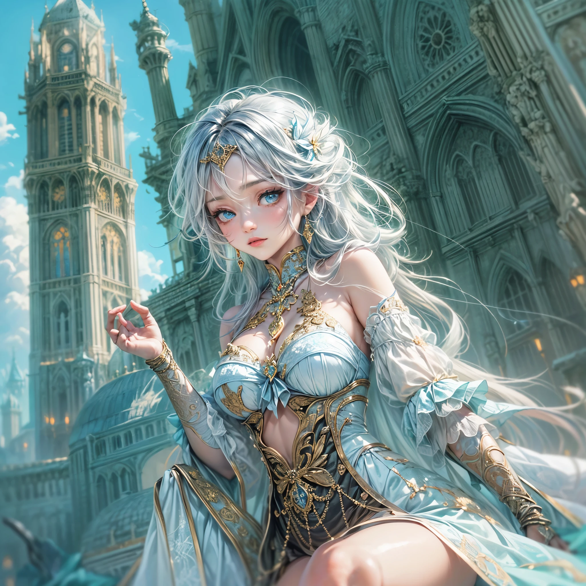 16k, ultra detailed, masterpiece, best quality, (extremely detailed), dynamic angle, anatomically correct, an ultra wide angle picture of a female human in front of a magical tower (intricate details, Masterpiece, best quality: 1.5), female human (intricate details, Masterpiece, best quality: 1.5), beautiful human (intricate details, Masterpiece, best quality: 1.4), (blue skin: 1.5), white hair, braided hair, magical tower ( 1.5, intense details, masterpiece), flowing robe, sun light,