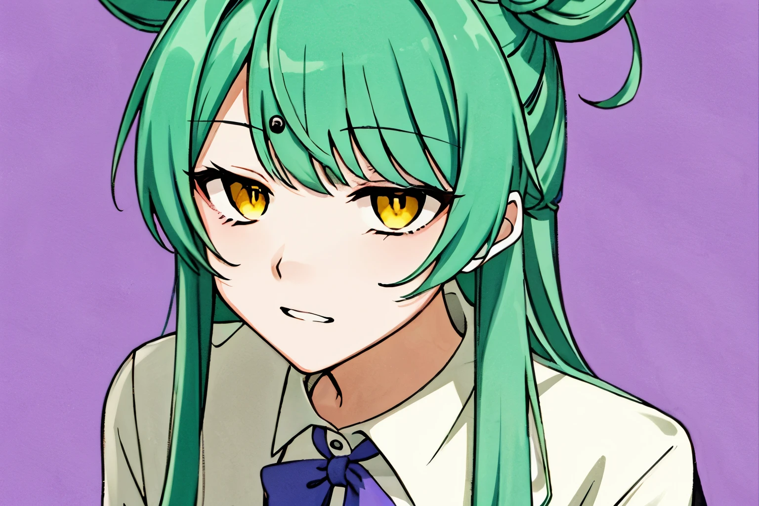 1 girl, solo, Anime style, green hair, yellow eyes, school purple uniform, purple clothes, school uniform, upper body, big face, simple background, plain background, mint background. mint background