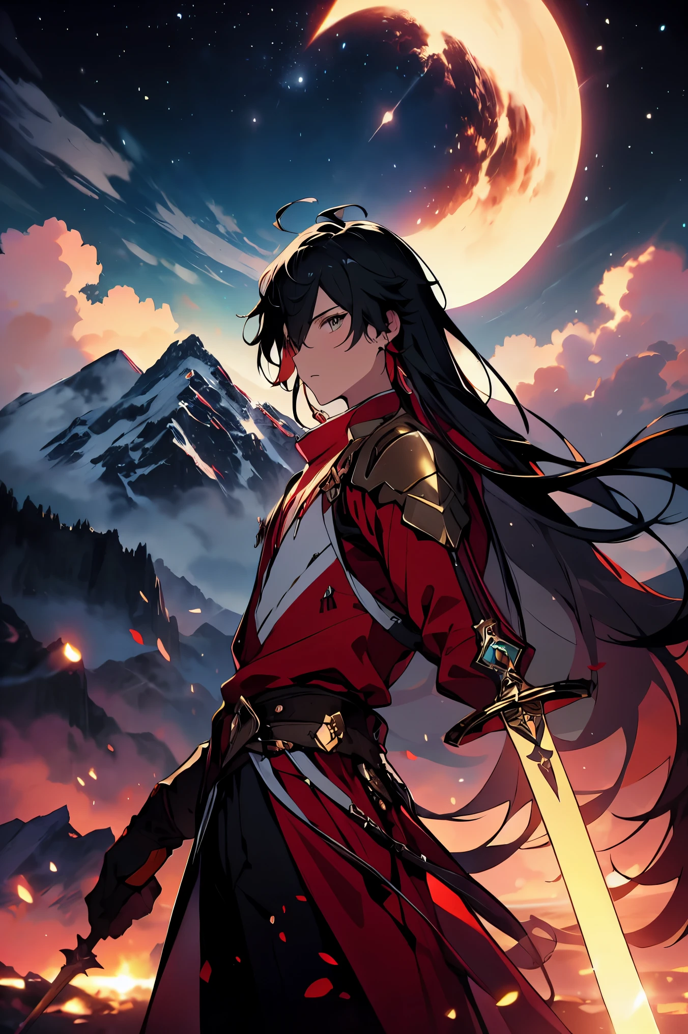 00398-3668547139-ffxxxgggxxxff, long hair, 1boy, male focus, solo, weapon, sword, mountain, holding, bangs, gloves, sky, holding weapon, night, j