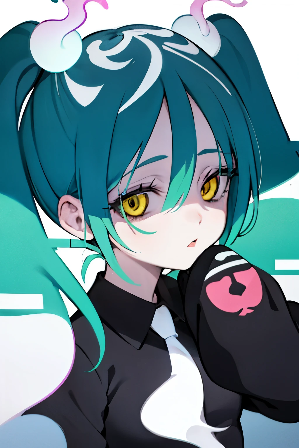 1girl, ghostmiku13, looking at viewer, hair between eyes, hair covering eyes, yellow eyes, portrait, 