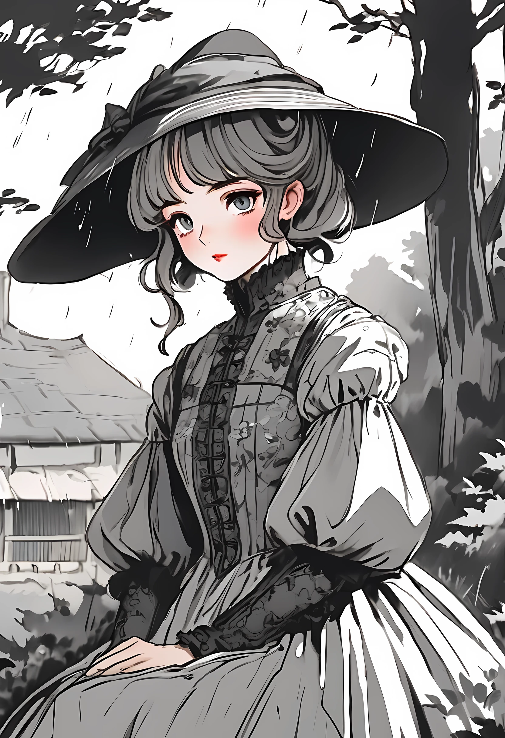 detailed rough drawn close up portrait of an anime girl wearing a vintage gothic 16th century dress in a village in rural america, overcast, cloudy, might rain, darker tones, drawn anime illustration, black and white color scheme for the dress, neo-american, painted in anime painter studio, anime style illustration, made with anime painter studio, in anime style, in an anime style, with short hair, anime style portrait, sitting in the garden, anime artstyle, clean detailed anime style, proportions proper,