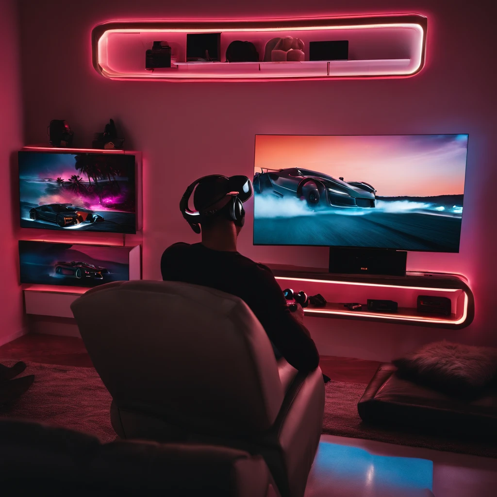 Prepare to be blown away by the ultimate gaming setup as you gaze upon a white wall, featuring a 60-inch TV playing the highly anticipated GTA 6. Adorned with sleek, transparent shelves on either side, showcasing an impressive collection of gaming consoles. The neon lights behind the TV add a touch of realism to the breathtaking 8k visuals, immersing you in a world of virtual reality.