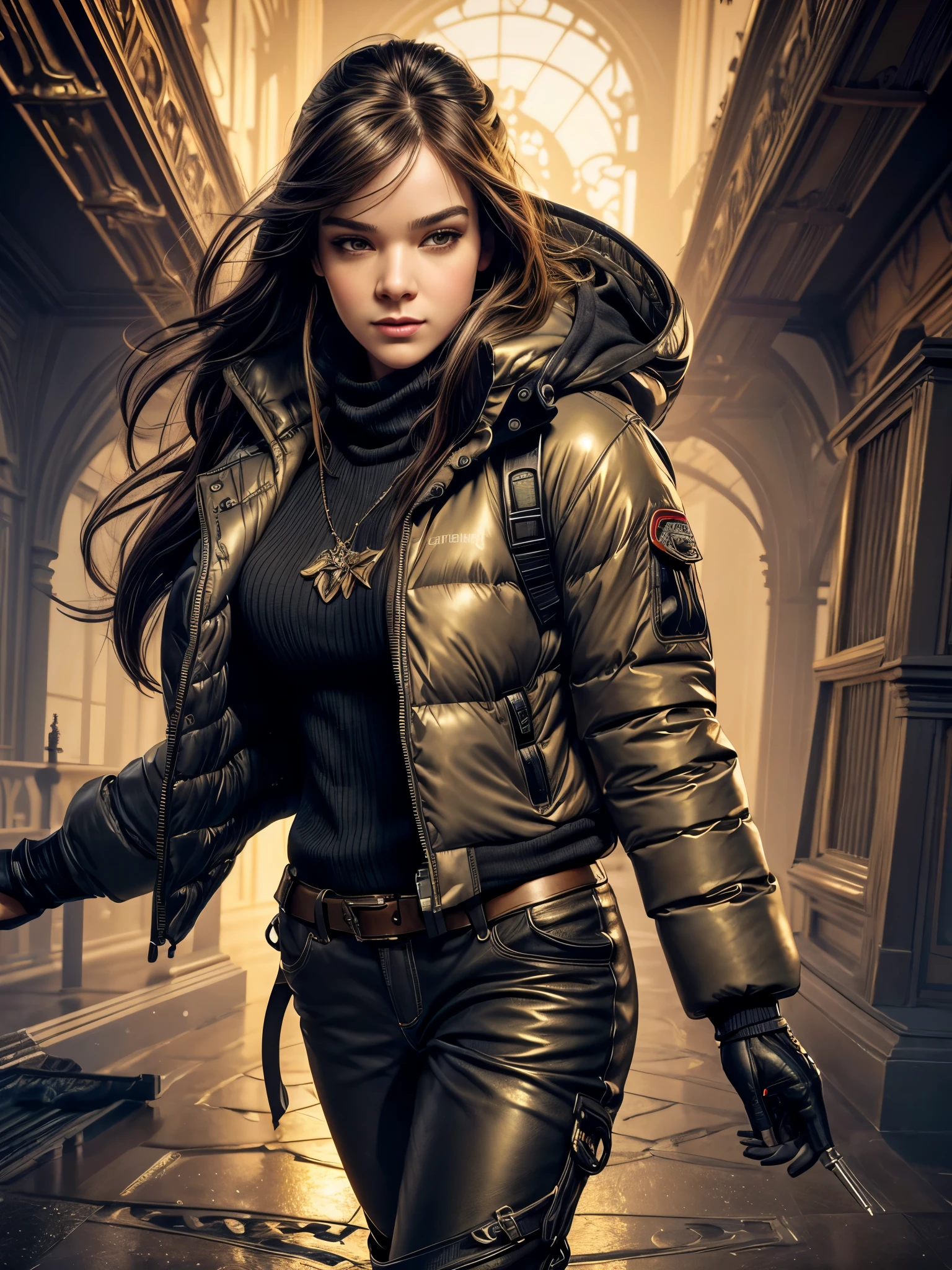 photorealism, full body, a young woman, puffer down jacket & pants, leather, beautiful realistic eyeantastic face, beautiful look, Michael Garmash, Daniel F Gerhartz, Storybook style, warm dreamy lighting, white background, volumetric lighting, pulp adventure style, fluid acrylic, dynamic gradients, vivid color, illustration, highly detailed vector curves, , smooth and clean, vector art, smooth, Johan Grenier, character design, 3d shading, cinematic, ornate patterns, elegant organic framing, hyperrealism, posterized, collection of masterpieces, lush vivid colors, twilight, wet gouache