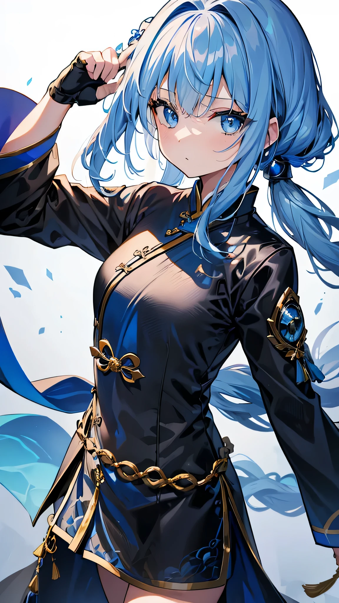 (muste piece, highest quality, ultra high resolution),1 girl,suit, , beautiful and detailed face, fine eyes,((Gray and Blue theme)),((全身)),パーフェクトアイズ、no background,white background,((黒いブーツ)),((白色の無地のワンピース))