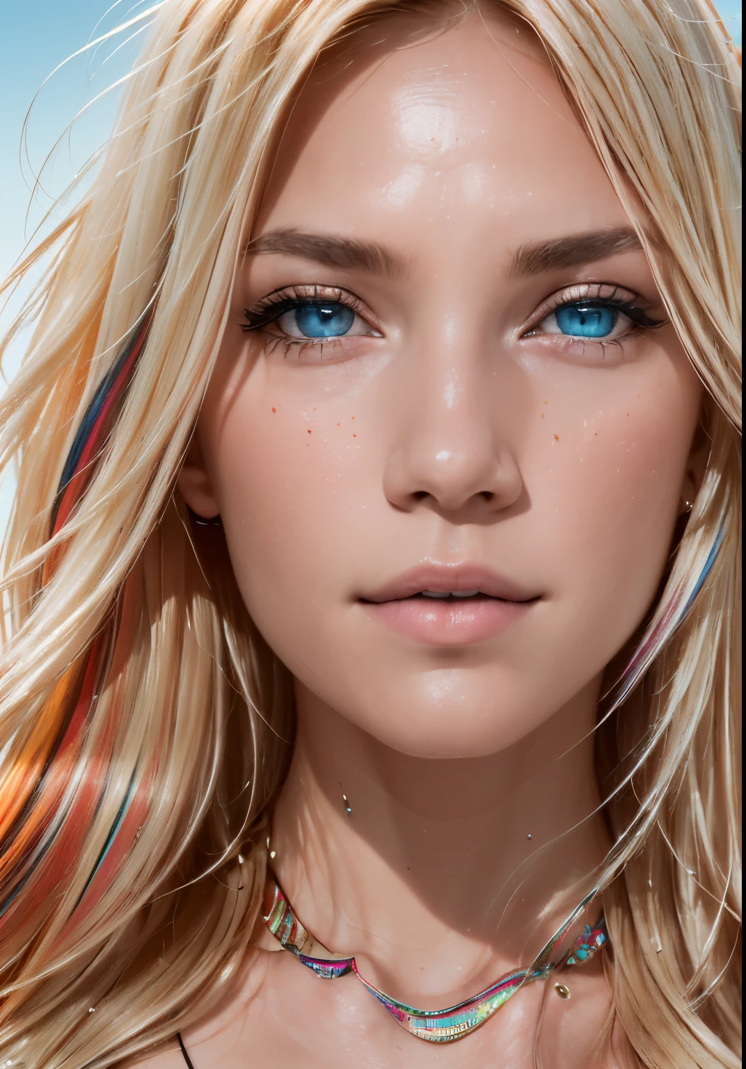 analog style, model shoot style, RAW photo ((portrait:1.8)) of a (young woman:1.5), ((colorful photo:1.5)), (long blonde hair, multicolored hair:1.7), ((cute face: 1.7, perfect face:1.3)), looking at viewer,
(shiny body:1.5, pale skin:1.5), best quality, epic (by lee jeffries and quentin tarantino photo, sony a7, 50 mm, pores:1.5, colors, hyperdetailed:1.5,
film grain:1.4, hyperrealistic: 1.5), hyper-realistic lifelike texture, masterpiece, unreal engine 5, Extremely detailed CG unity 8k wallpaper, realistic eyes, UHD, HDR, DSLR,
Madly detailed photo, (ecstasy of light and shadow, deep shadow), (Winner of the Pulitzer Prize for Photography and Taylor Wessing Photographic Prize)