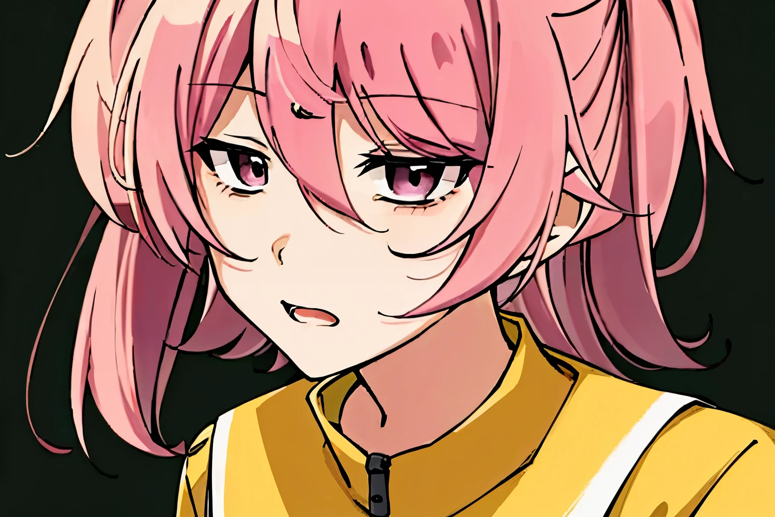 Anime girl with pink hair and a yellow shirt looking at the camera ...