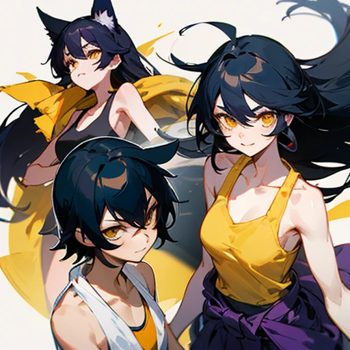 Name: Inugami Towel、yellow eyes and long black hair、holding a yellow towel、black tank top top、Purple hakama underneath、In-game composition、facial expression smiling