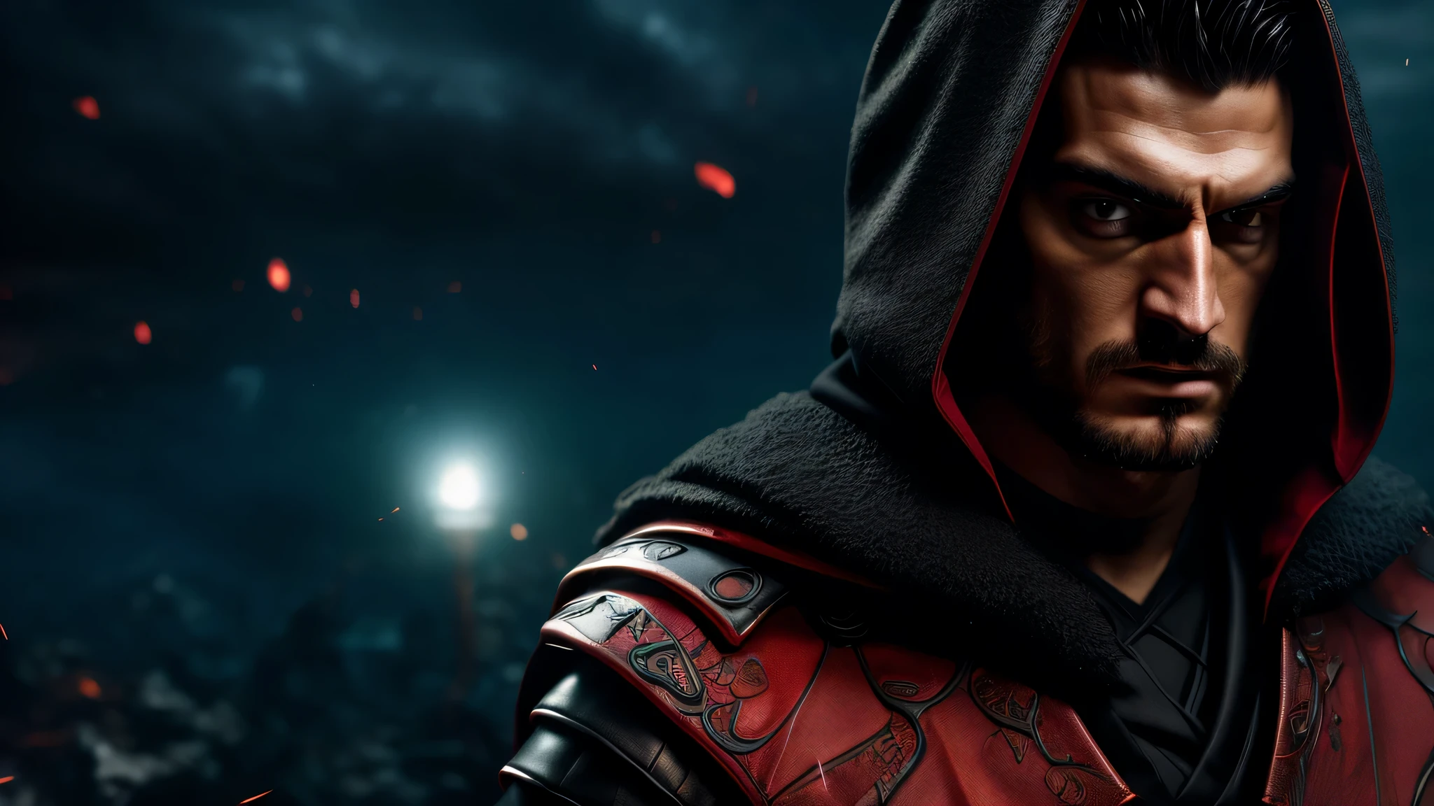 (black and red theme:1.5), (soccer shot:1.5), (1boy, iker casillas:1.5), (muscular male:1.5), (30 years old), extremely detailed skin, (clothes:1.4), ABS, (holding weapon:1.5) (red light saber:1.4), (leather cloak:1.3), (leather armor:1.2), fingerless gloveattle field background:1.2), fighting Poses, high design (fashionable) stylish art, extreme detail irises, reflexive eyes retinas, detailed eyebrows, detailed eyelashes, fashion photo shootinulti-layers and multi-textures level:1.1), (perfectly detailed face:1.2), cinematic film still, extremely intricate details, exquisite body parts detailing, extremely detailed environment, maximalism in detail, fire particles, sub surface scattering, (Low Key:1.2), (in the Dark:1.2), (Dark Scene:1.5), Tyndall effect, volumetric light, blending saturation, noise reduction, visual compositional balancing, extremely exquisite detailed, hyper detailed, extremely high resolution, dramatic cinematic light, (ultra-wide angle fantasy world background)
