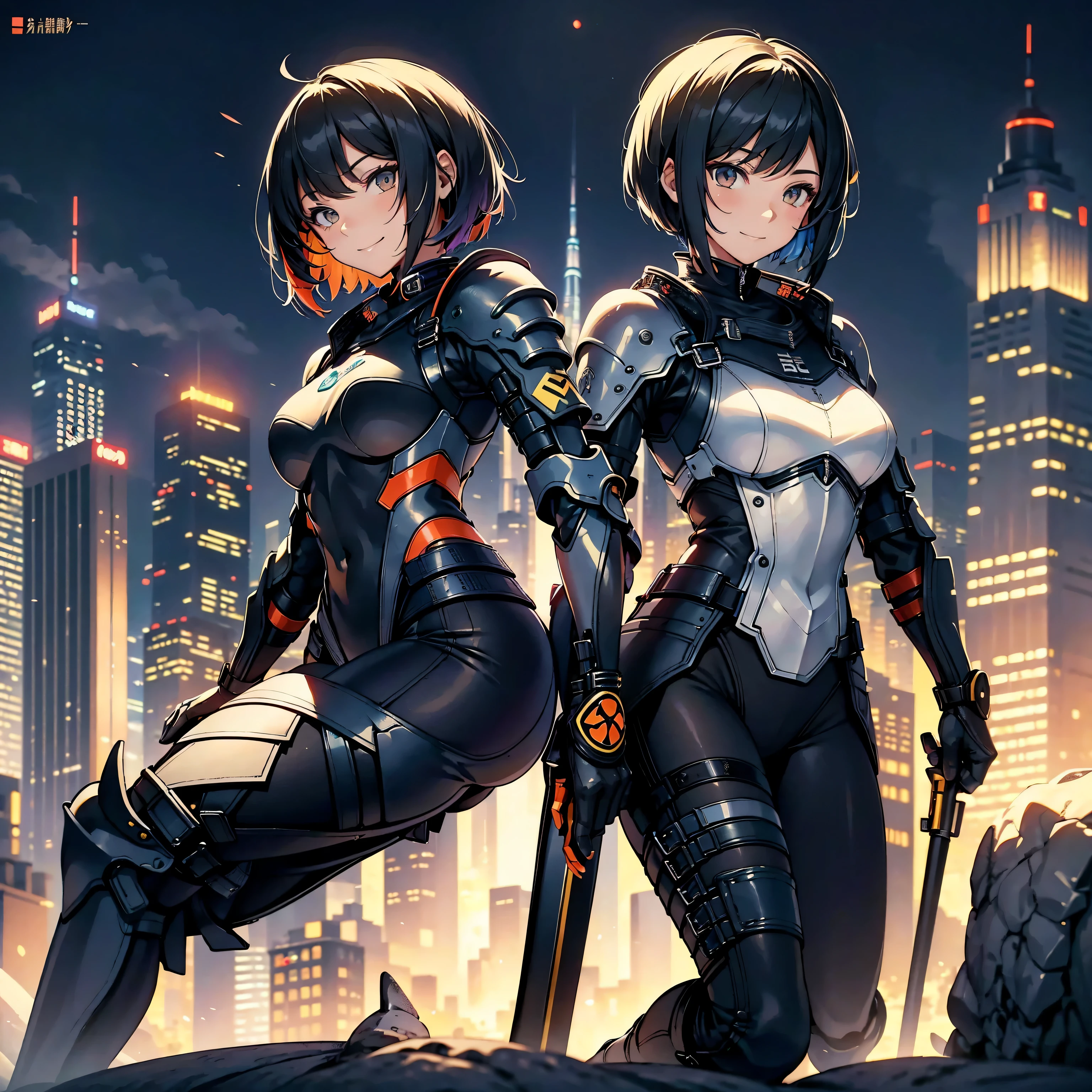 highest quality,T Masterpiece,final solution,Fluffy,非常にcolorful,colorful,female combatant,(kneeling pose)(pointing at your ass)mature woman,black super short hair,tight combat uniform,tight suit,steel city background,night,normal posture,normal posture、Gentle smile