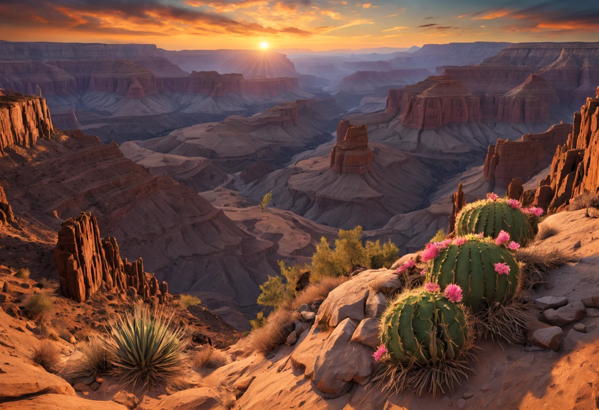 (best quality,4k,8k,highres,masterpiece:1.2),ultra-detailed,realistic:1.37,A stunning view of a desert canyon,landscape,fine-art photography,sunset colors,warm light,rock formations,sand dunes,spacious and vast scene,subtle shadows,contrast of light and darkness,silhouette of a lone cactus,crimson sky,peaceful and serene atmosphere,clear blue sky with wispy clouds,wide-angle perspective that captures the grandeur of the landscape,impressive depth of field that reveals the intricate textures of the rocks and sand,dramatic golden hour lighting that accentuates the rugged beauty of the canyon,harmony between the earthy tones and vibrant hues,layered and intricate details of the canyon walls,mesmerizing play of light and shadows,ethereal and mystical aura,immersive experience that transports the viewer into the heart of nature.