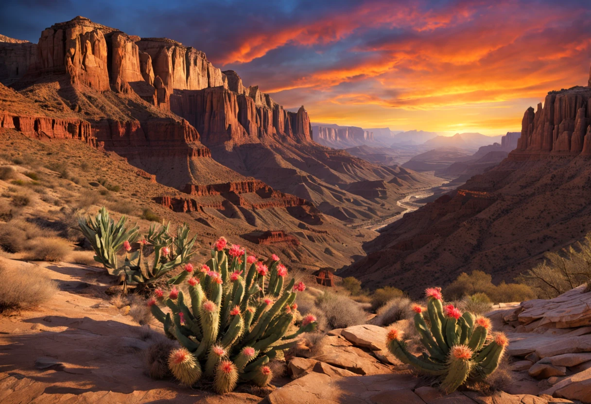 (best quality,4k,8k,highres,masterpiece:1.2),ultra-detailed,(realistic,photorealistic,photo-realistic:1.37),HDR,UHD,studio lighting,ultra-fine painting,sharp focus,physically-based rendering,extreme detail description,professional,vivid colors,bokeh,landscapes

A breathtaking view of a desert canyon emerges before our eyes. The grandeur of the scene is evident in every minute detail that is brought to life in this (best quality,4k,8k,highres,masterpiece:1.2),ultra-detailed image. The canyon stretches out as far as the eye can see, with its rugged edges carved by the passage of time.

The rock formations within the canyon reflect the vibrant hues of the desert. Shades of red, orange, and brown dominate, creating an awe-inspiring spectacle. Intense sunlight envelops the landscape, casting sharp shadows that accentuate the depth and texture of the rocks.

The desert canyon is filled with an array of flora and fauna, each perfectly captured in this (realistic,photorealistic,photo-realistic:1.37) masterpiece. Cacti stand tall, their spiky silhouettes adding a touch of elegance to the rugged terrain. Wildflowers bloom sporadically, showcasing their vibrant colors against the arid backdrop.

The colors of the sky paint a mesmerizing canvas above the canyon. Warm shades of pink, purple, and yellow blend together, creating a captivating sunset. The sky is adorned with wisps of clouds, adding a sense of whimsy to the scene.

As we explore further into the canyon, we notice a small stream meandering through the parched land. The gentle flow of water creates a soothing ambiance, contrasting with the harshness of the surrounding desert.

In the distance, a lone eagle soars effortlessly through the vast expanse. Its graceful flight adds a sense of freedom and tranquility to the scene, reminding us of the untouched beauty of nature.

The light in this image is carefully crafted, mimicking the studio lighting of a professional photoshoot. It highlights the intricate details of the rocks, casting a soft glow that adds depth and dimension to the landscape.

With its vivid colors, ultra-fine painting-like detail, and bokeh effect, this image transports viewers into the heart of the desert canyon, allowing them to experience the raw power and serenity of nature.