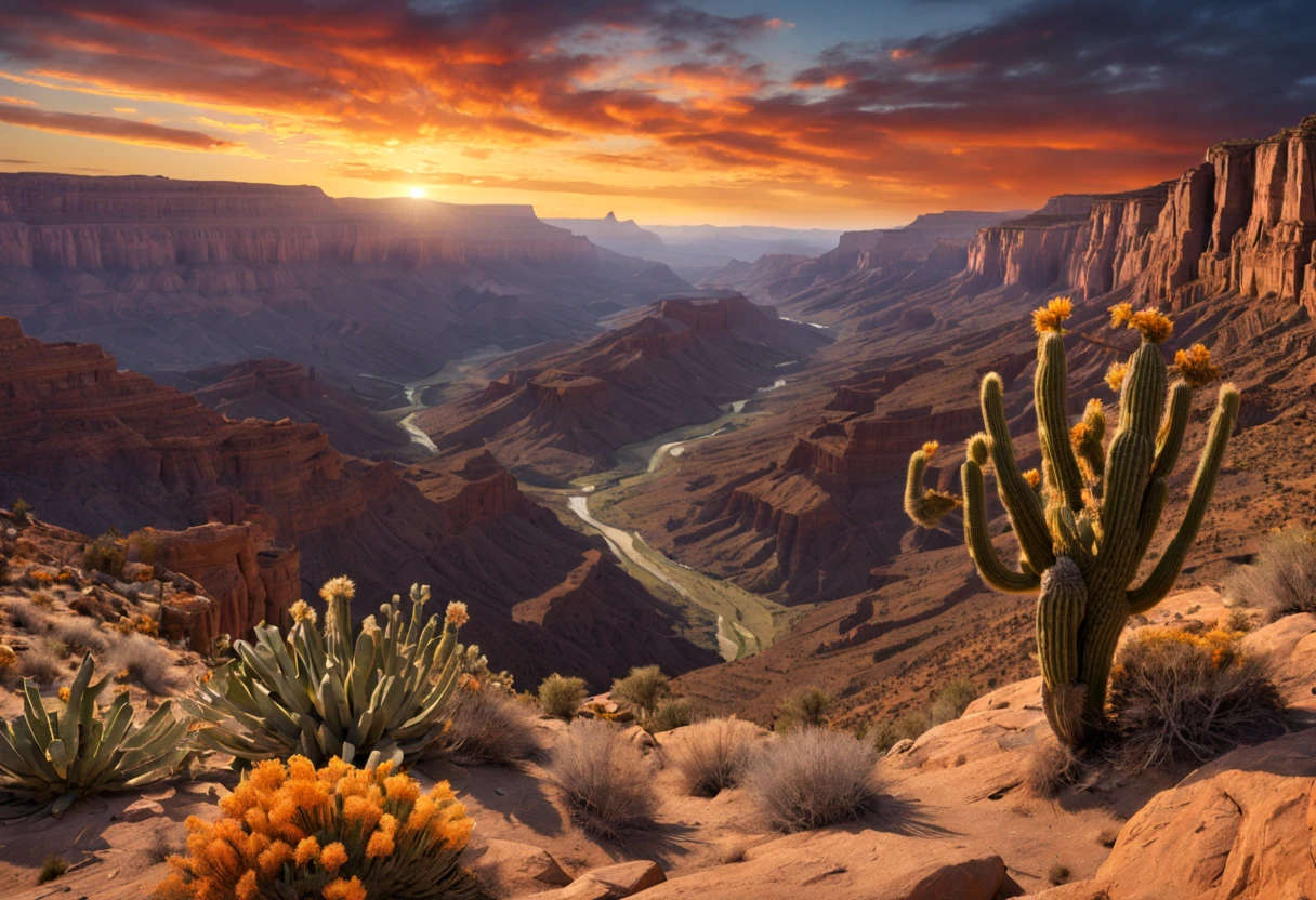 (best quality,4k,8k,highres,masterpiece:1.2),ultra-detailed,realistic:1.37,A stunning view of a desert canyon,landscape,fine-art photography,sunset colors,warm light,rock formations,sand dunes,spacious and vast scene,subtle shadows,contrast of light and darkness,silhouette of a lone cactus,crimson sky,peaceful and serene atmosphere,clear blue sky with wispy clouds,wide-angle perspective that captures the grandeur of the landscape,impressive depth of field that reveals the intricate textures of the rocks and sand,dramatic golden hour lighting that accentuates the rugged beauty of the canyon,harmony between the earthy tones and vibrant hues,layered and intricate details of the canyon walls,mesmerizing play of light and shadows,ethereal and mystical aura,immersive experience that transports the viewer into the heart of nature.