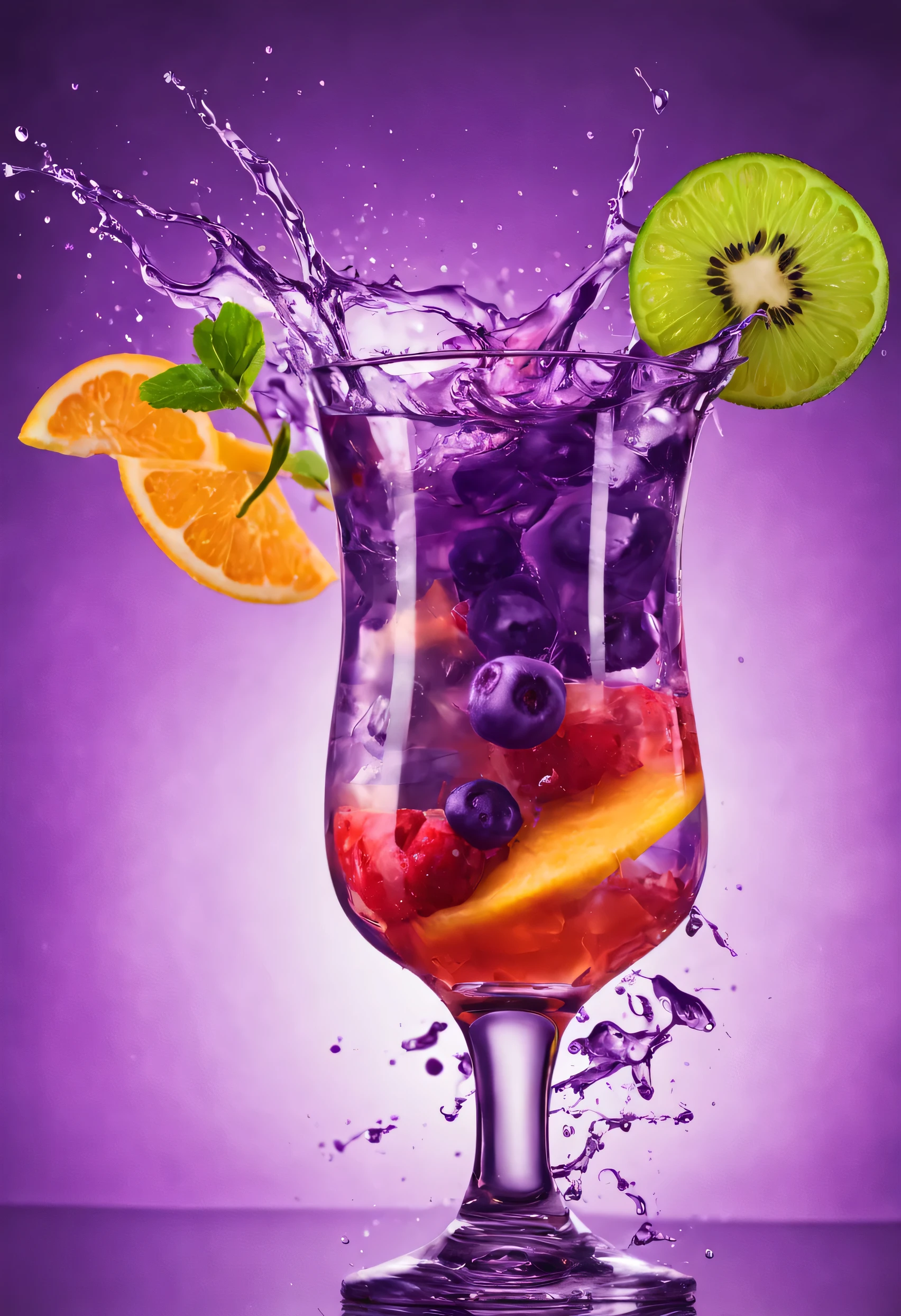 fruit cocktail drink glass, colorful splash, high definition, purple crystal background