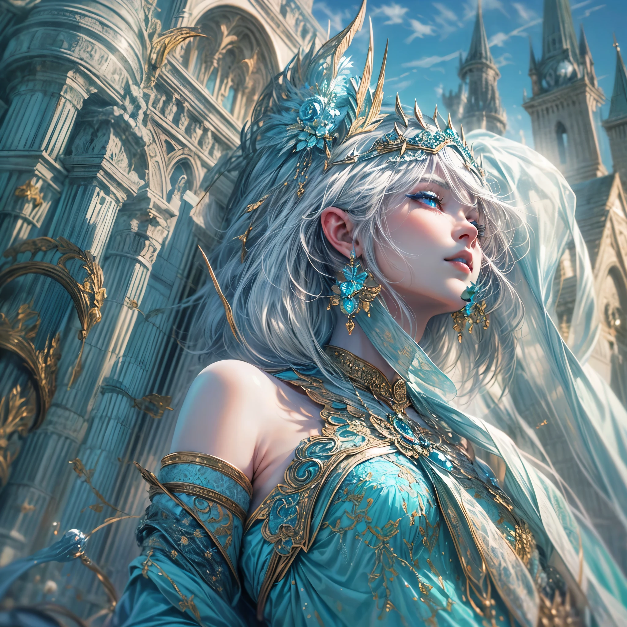16k, ultra detailed, masterpiece, best quality, (extremely detailed), dynamic angle, anatomically correct, an ultra wide angle picture of a female human in front of a magical tower (intricate details, Masterpiece, best quality: 1.5), female human (intricate details, Masterpiece, best quality: 1.5), beautiful human (intricate details, Masterpiece, best quality: 1.4), ((blue skin: 1.5)), white hair, braided hair, magical tower ( 1.5, intense details, masterpiece), flowing robe, sun light,
