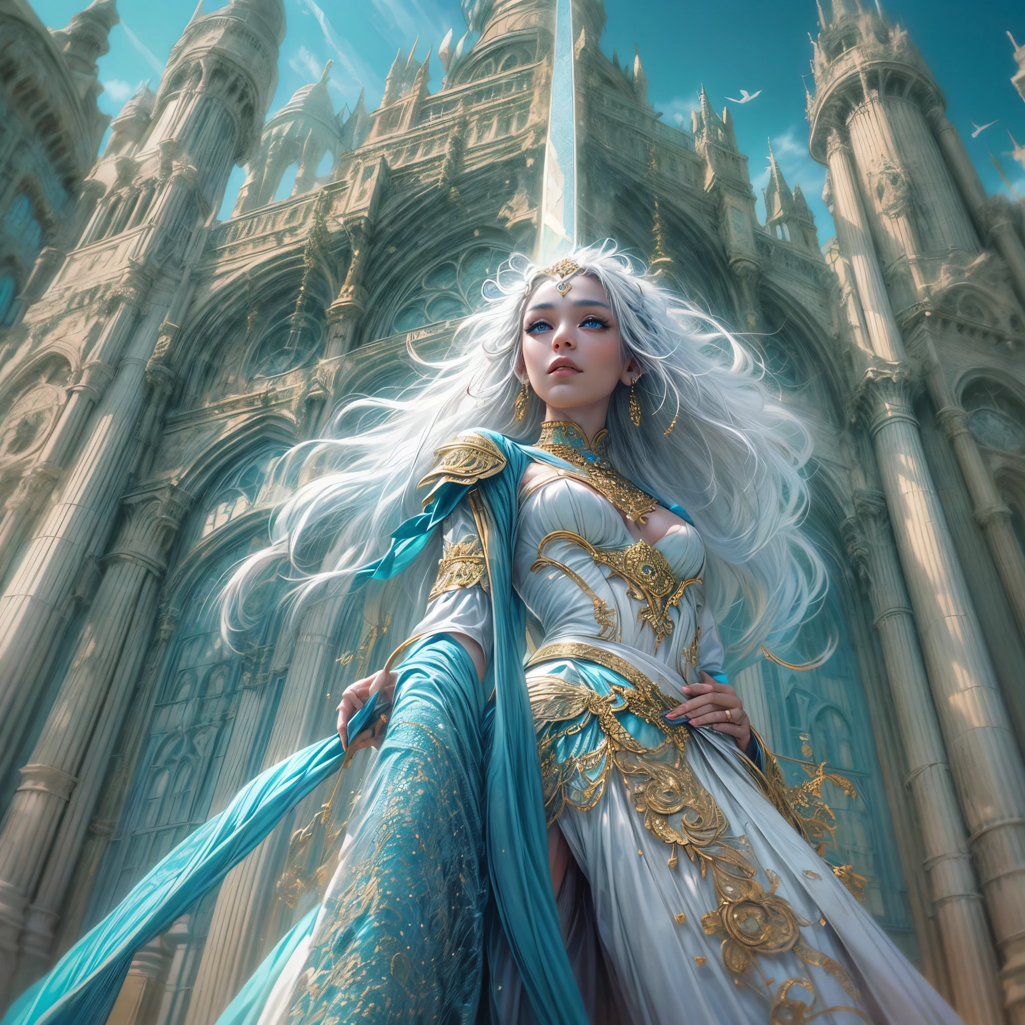 16k, ultra detailed, masterpiece, best quality, (extremely detailed), dynamic angle, anatomically correct, an ultra wide angle picture of a female human in front of a magical tower (intricate details, Masterpiece, best quality: 1.5), female human (intricate details, Masterpiece, best quality: 1.5), beautiful human (intricate details, Masterpiece, best quality: 1.4), ((blue skin: 1.5)), white hair, braided hair, magical tower ( 1.5, intense details, masterpiece), flowing robe, sun light,