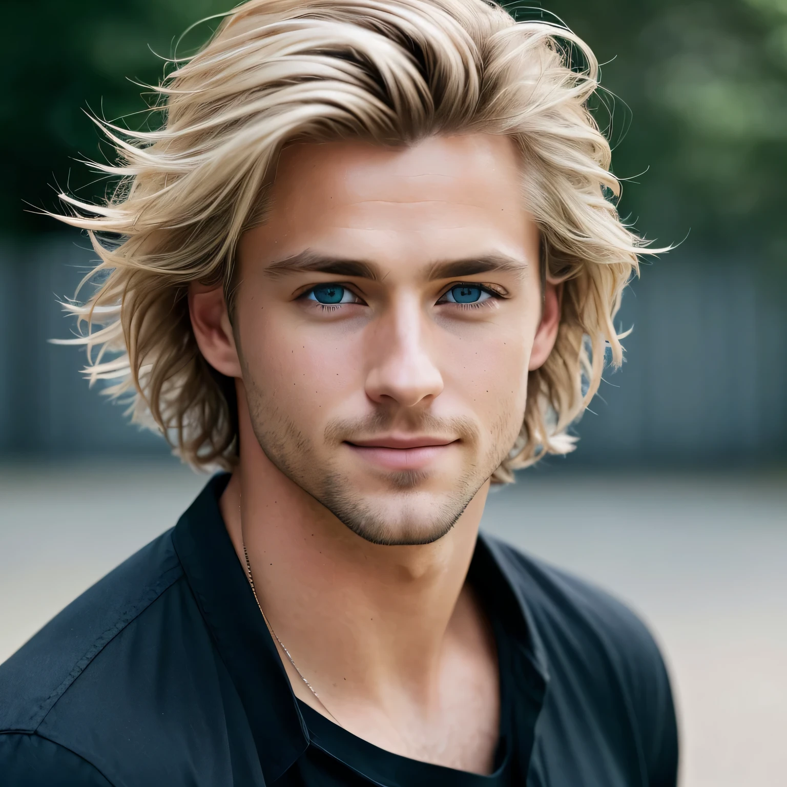 photo of a stunning handsome man, Blue eyes, short, disheveled, blonde hair, hair flipping, Close-up, enlarged in a narrow frame, portrait, in a black shirt, (photorealistic:1.2) (hips:1.2) (Best quality) (color correction) (detailed skin:1.3) (Difficult) (8K) (HDR) (Cinematic lighting:1.3) (sharp focus), Wild hair, looks at the camera, Smiling, slight smile