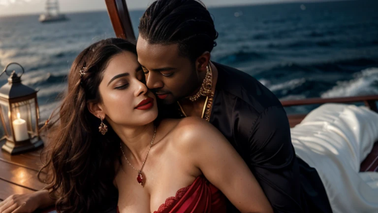 night scene from side view, sea view, night time, full body portrait, extreme close up photo of black african muscular man grabbing vedhika from behind who is wearing a satin full length lace border bridal nighty with a satin robe, hugging a man, both laying a bed, romantic environment, big cheeks, woman is wearing satin nighty man is shirtless, hourglass figure, deep cleavage, romancing each other in a ship deck in sea, showing armpits, red lips, necklace, sultry, look at viewer and smile, (cinematic:1.3), intricate details, (ArtStation:1.2)