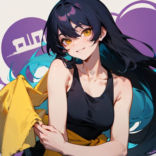 Name: Inugami Towel、yellow eyes and long black hair、holding a yellow towel、black tank top top、Purple hakama underneath、A vibrant composition、facial expression smiling