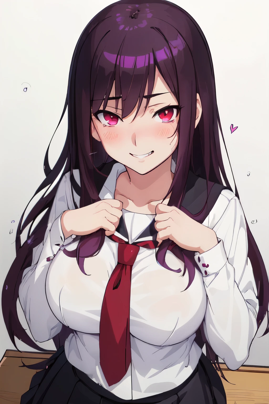 sweat on face,sweat on body, full-face blush,corruption,Red Eyes, Purple Hair,Sparkling eyes, looking at viewer, (happy, smirk,smug, teeth,smile ),heavy breathing,Age 22 year, large breasts,black skirt, anime girl in a short skirt and white shirt posing for a picture, an anime drawing by Jin Homura, pixiv, shin hanga, seductive anime girl, beautiful anime high school girl, smooth anime cg art, anime girl with long hair, ilya kuvshinov with long hair, realistic schoolgirl, attractive anime girl