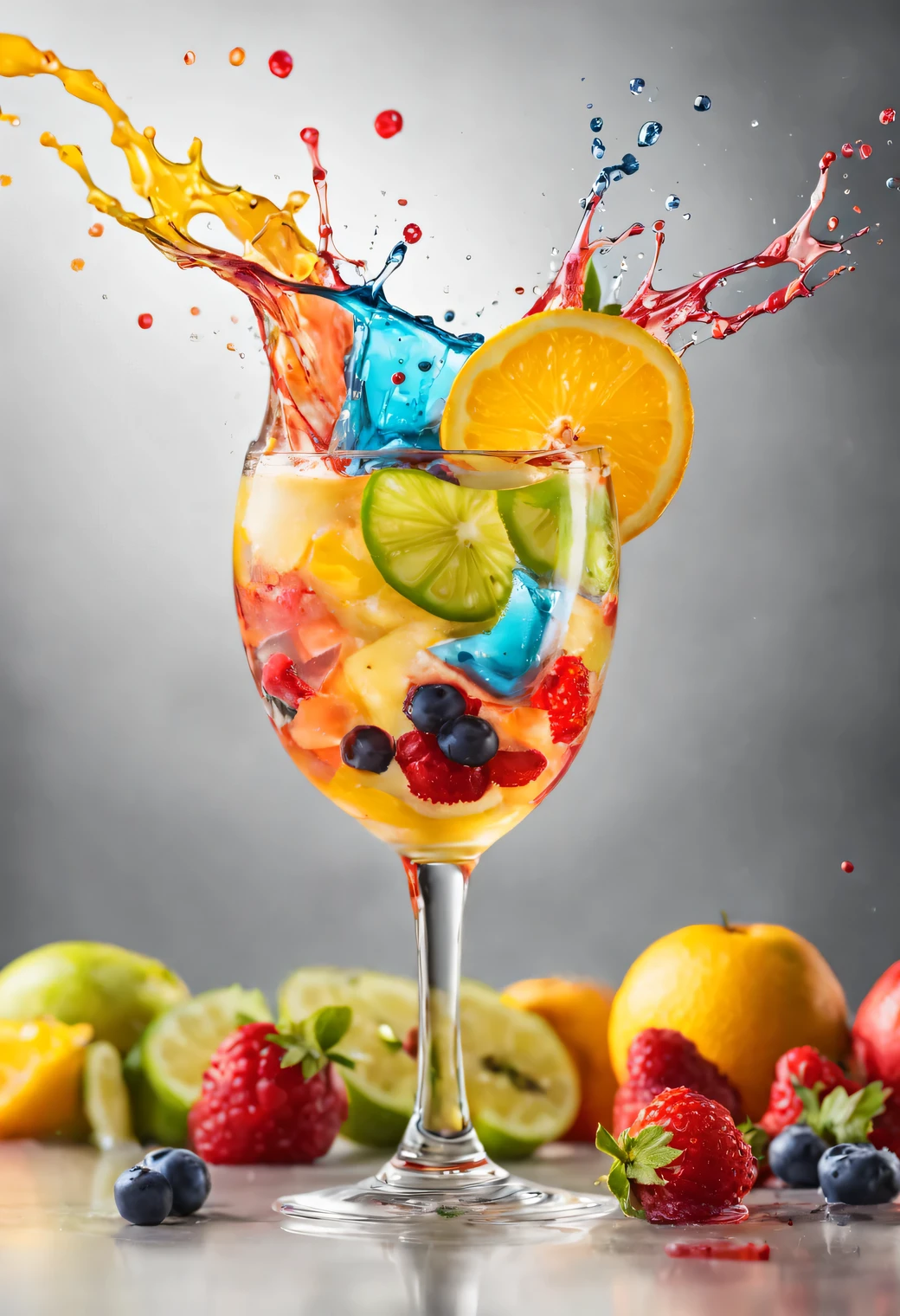 fruit cocktail drink glass, colorful splash, high definition, yellow background