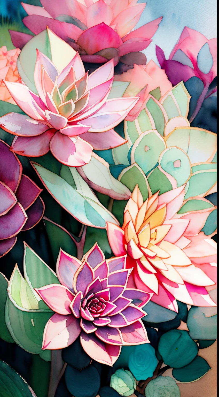 Style Wtrcolor, (pink) succulents, fern, digital art, formal art, gone With the Wind, masterpiece, Beautiful, ((watercolor)), splashes of paint, complex parts. Excellent detail, [drop:0.7], trending on ArtStation, Rachel Walker