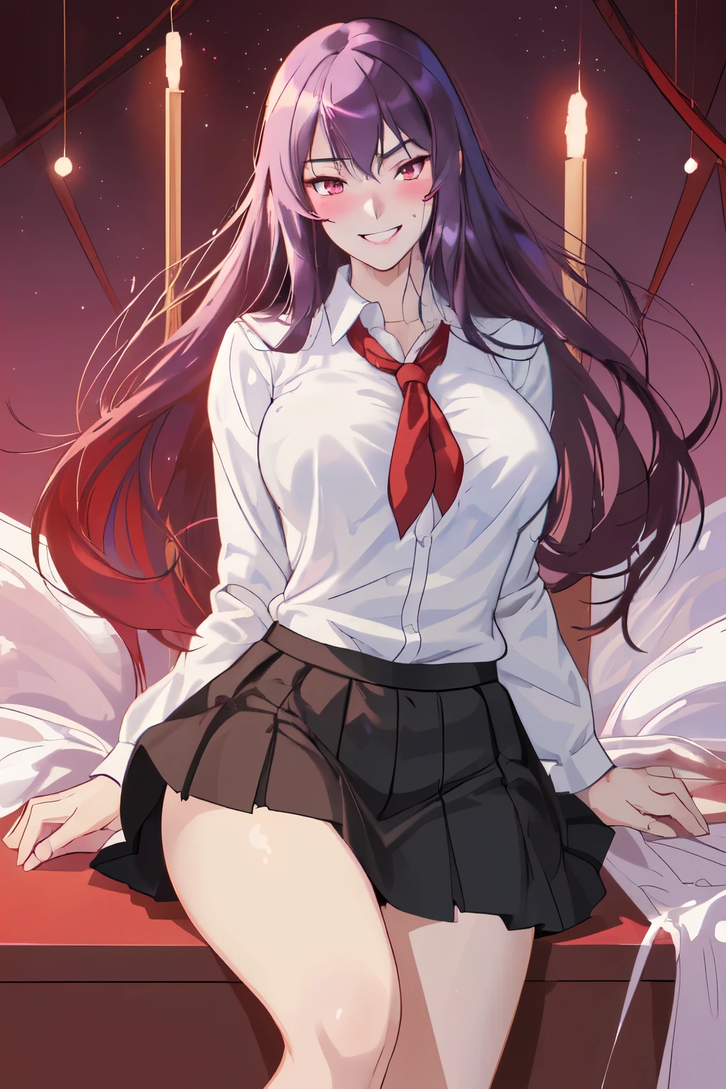 sweat on face,sweat on body, full-face blush,corruption,Red Eyes, Purple Hair,Sparkling eyes, looking at viewer, (happy, smirk,smug, teeth,smile ),heavy breathing,Age 18 year, large breasts,black skirt, anime girl in a short skirt and white shirt posing for a picture, an anime drawing by Jin Homura, pixiv, shin hanga, seductive anime girl, beautiful anime high school girl, smooth anime cg art, anime girl with long hair, ilya kuvshinov with long hair, realistic schoolgirl, attractive anime girl