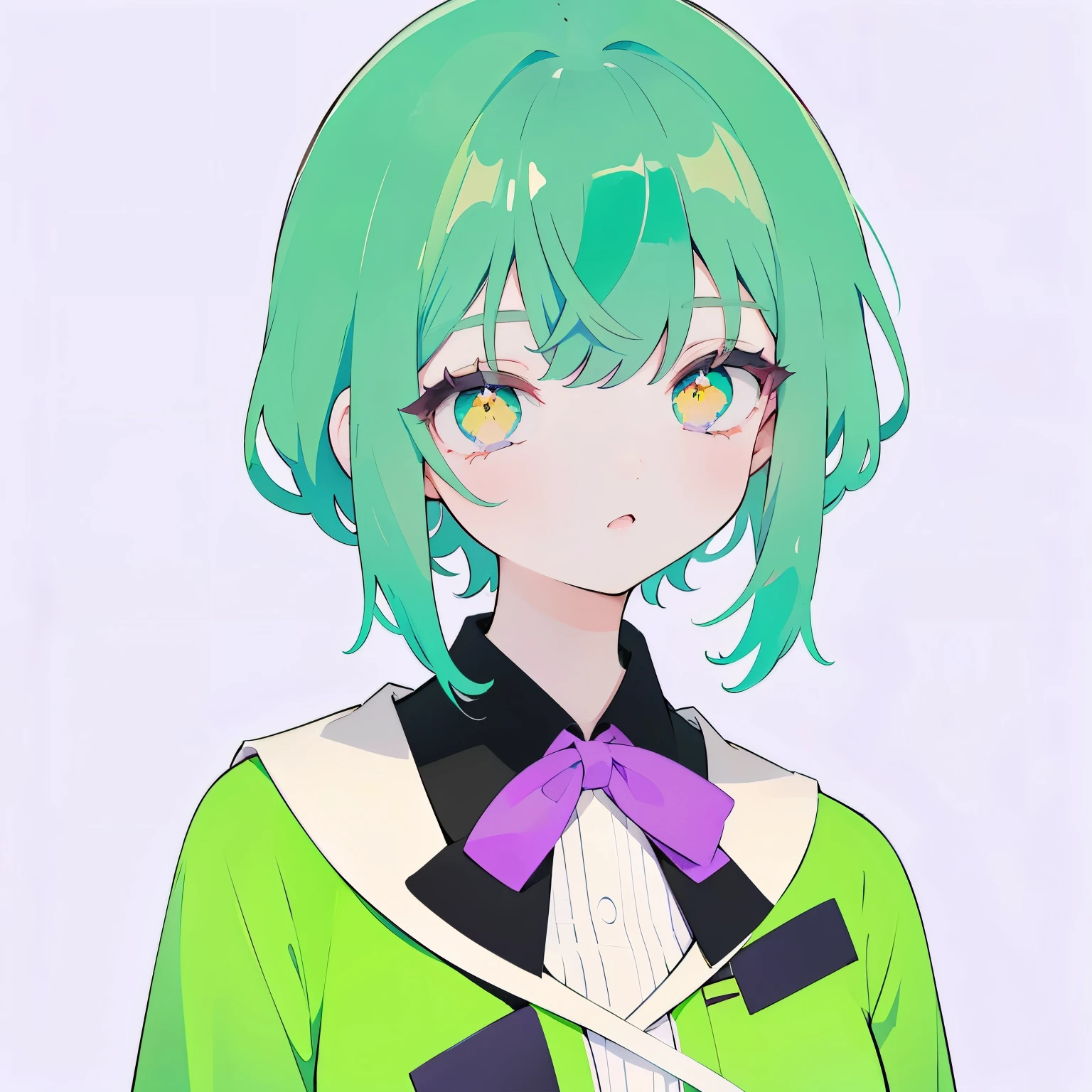 1 girl, solo, Anime style, green hair, yellow eyes, school purple uniform, purple clothes, school uniform, upper body, big face, simple background, plain background, mint background. mint background
