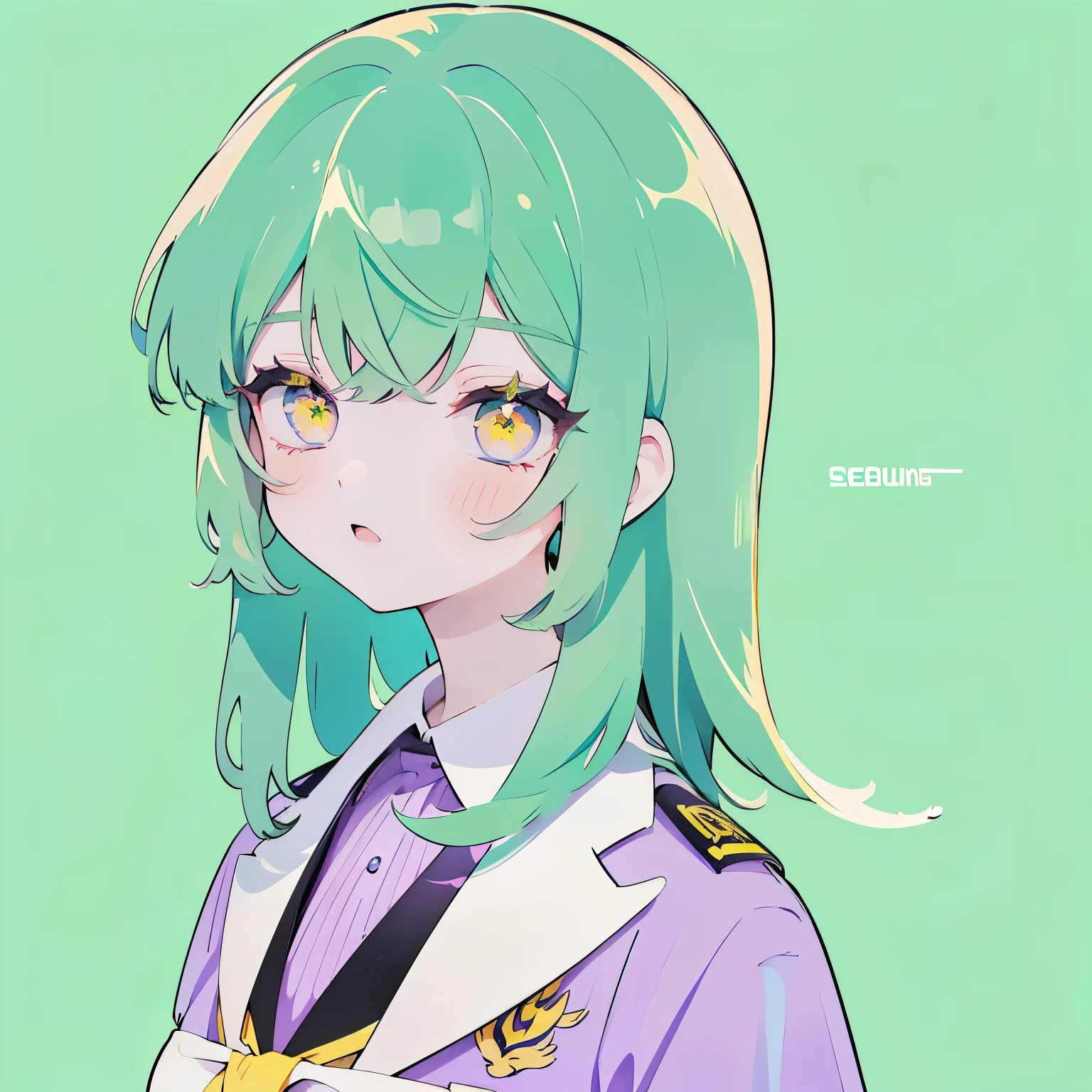 1 girl, solo, Anime style, green hair, yellow eyes, school purple uniform, purple clothes, school uniform, upper body, big face, simple background, plain background, mint background. mint background