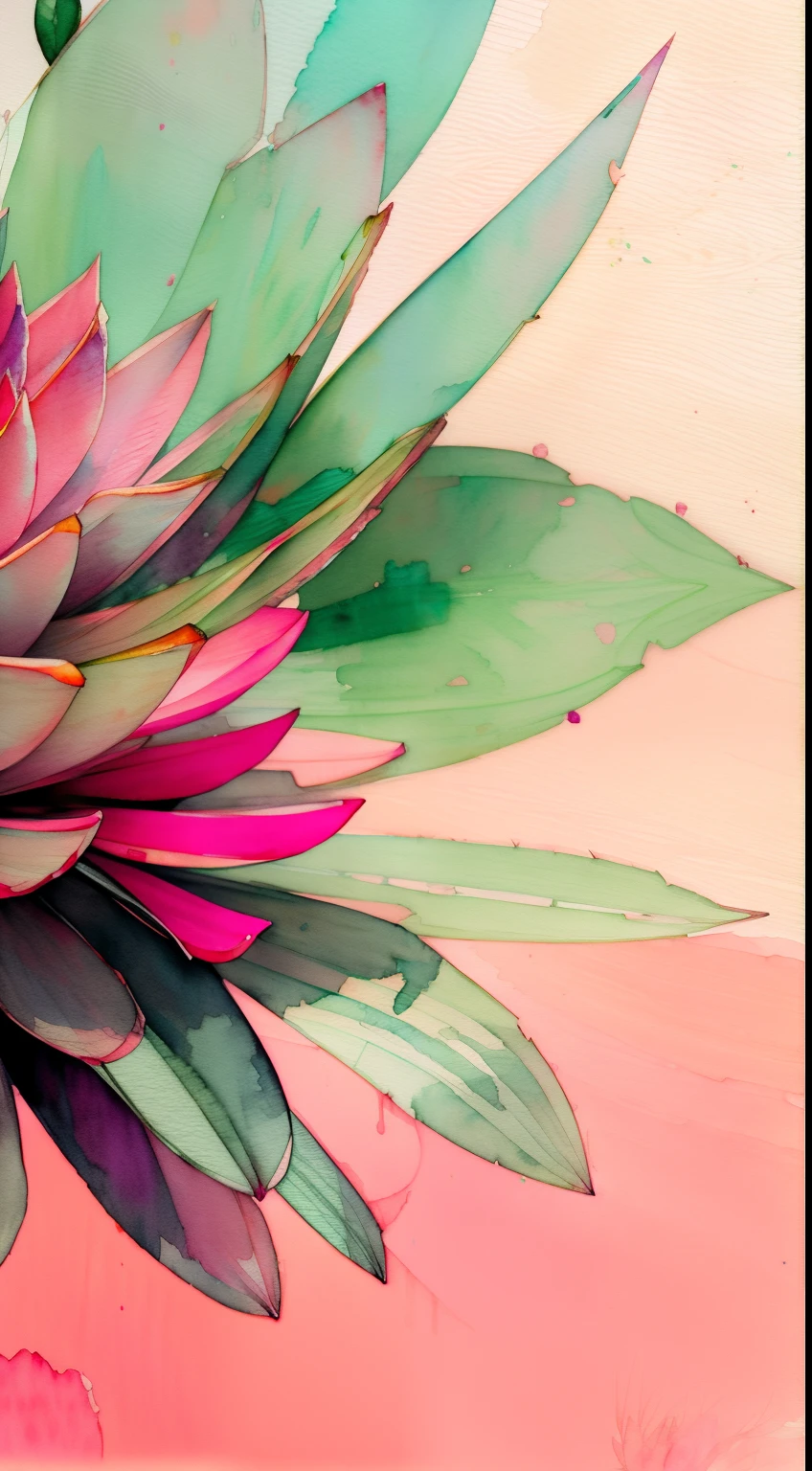Style Wtrcolor, (pink) succulents, digital art, formal art, gone With the Wind, masterpiece, Beautiful, ((watercolor)), splashes of paint, complex parts. Excellent detail, [drop:0.7], trending on ArtStation, Rachel Walker