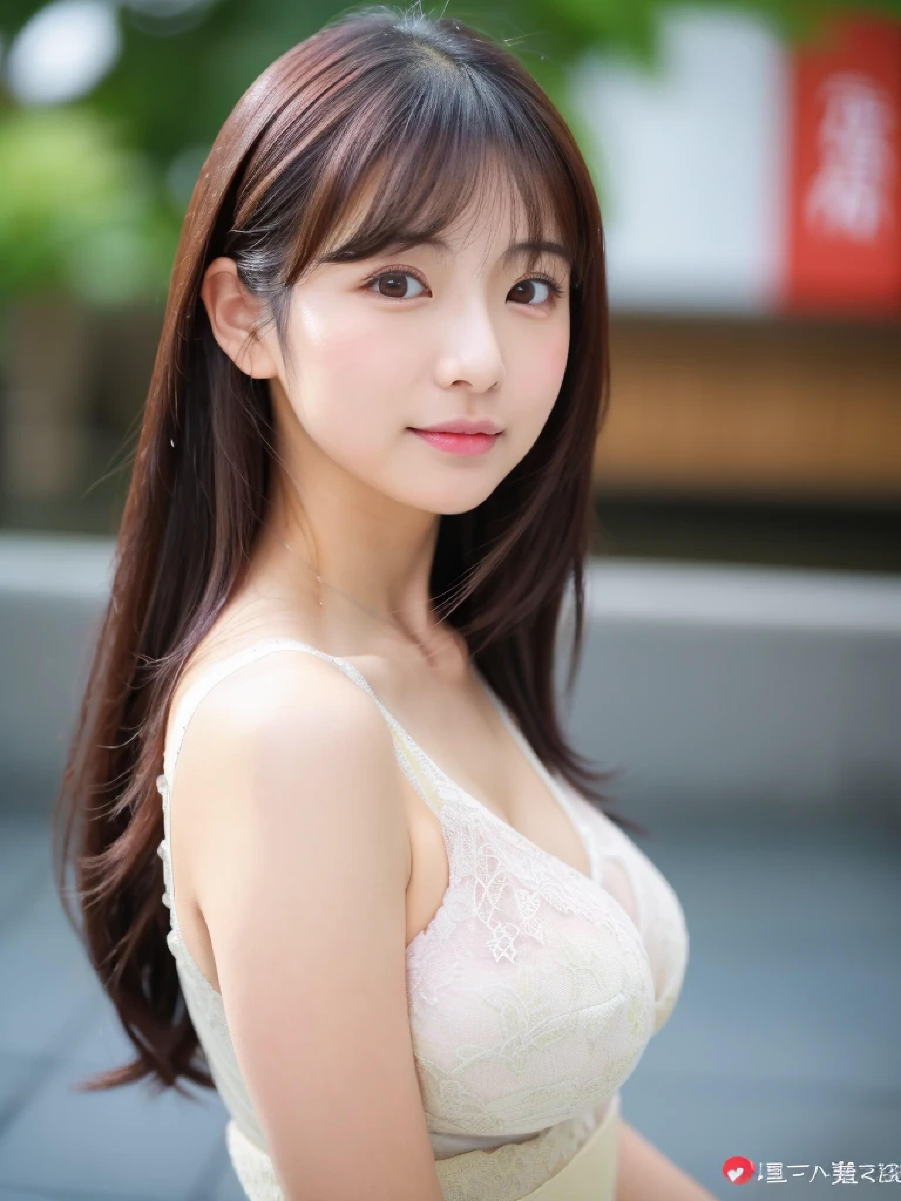 ((cute日本の女の子、beautiful japanese girl、1 girl、clear、19 years old、ponytail、Highly detailed face and skin texture、refinement、super detailed face、highly detailed eyes、Lee Hong、blush、cheek、ピンクのcheekを塗ったcheek、close-up of woman、Breast augmentation、frontを向いている顔、frontを向いている体、look at the camera、front、cute、smooth white skin、Transparent skin texture、))、(dark brown hair、bangs)、beautiful woman with perfect style:1.4、japanese model、young gravure idol、若いcuteグラビアアイドル、Realistic young gravure idol、refinementされたグラビアアイドル、((highest quality、8k、masterpiece:1.3、1photograph))、(4k、生photograph、highest quality)、(realistic、フォトrealistic:1.37)、Place someone on the other side of the screen、Natural light、upper body and head、