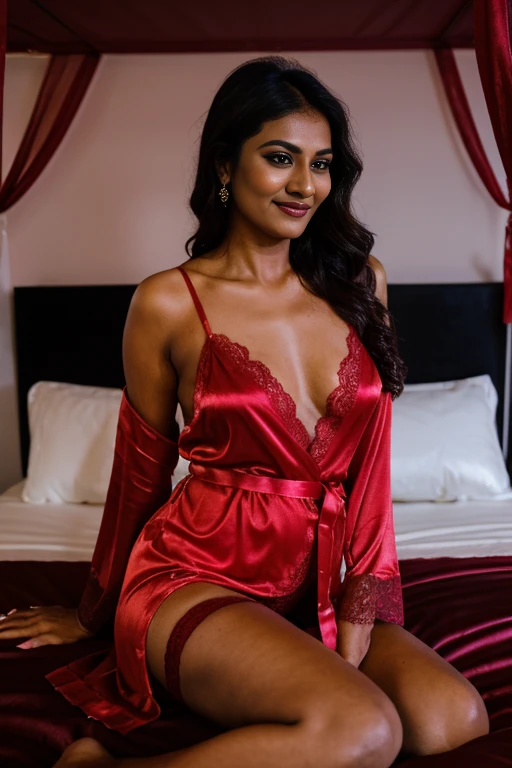 Indian fair skinned milf in a bridal red lingerie with a transparent satin robe with lace border laying on a decorated bed on satin bed sheet on her wedding night, stockings, decorated room, romantic lights, decoration with flowers, satin bed sheet, rose petals