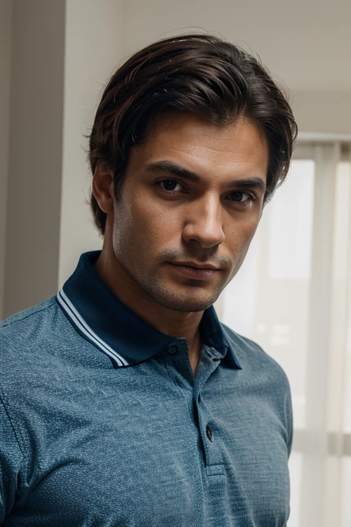 1 homem, face, olhos castanhos, camisa polo, ultra qualidade, 8k, Imagem, foto, realista centralizada