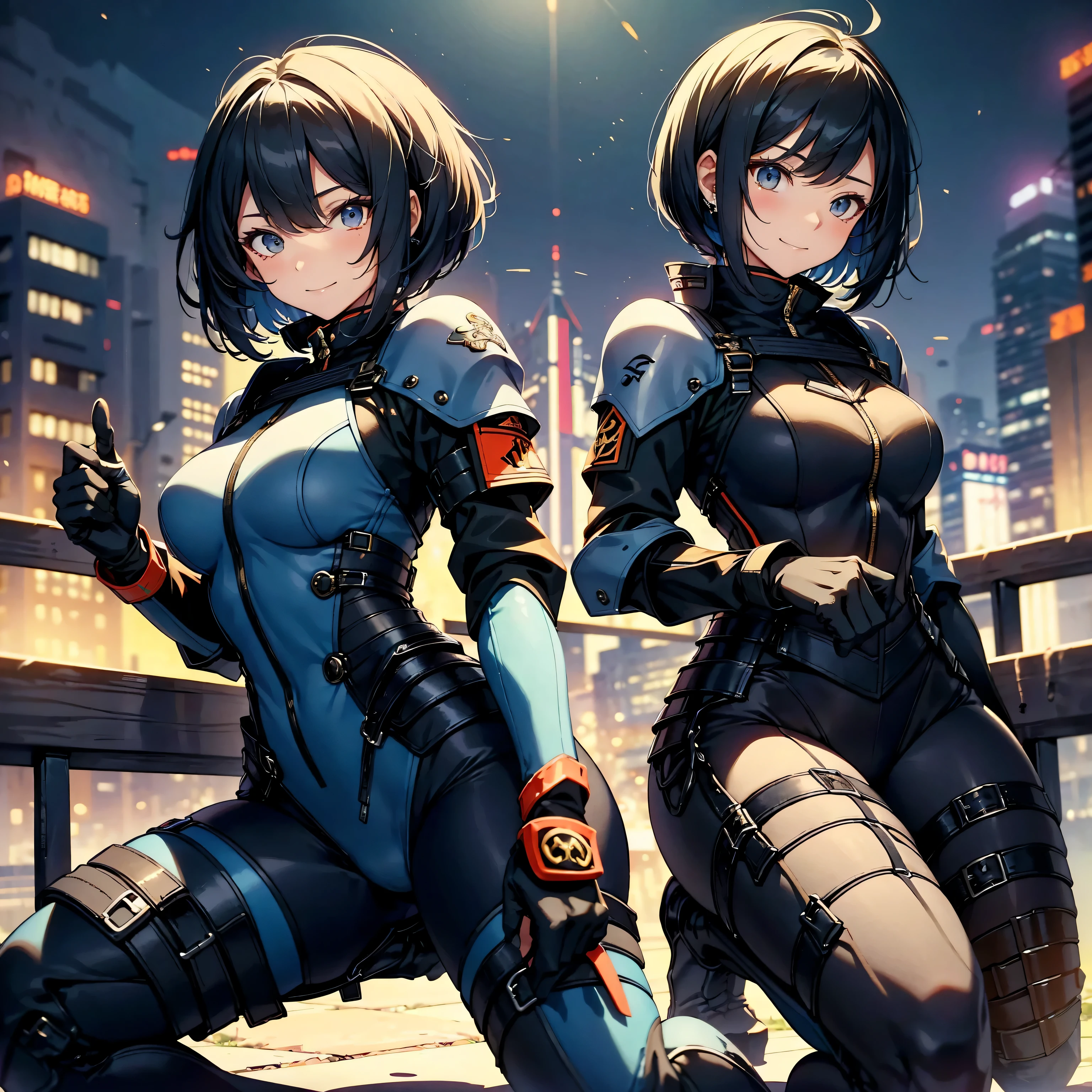 highest quality,T Masterpiece,final solution,Fluffy,非常にcolorful,colorful,female combatant,(kneeling pose)(pointing at your ass)mature woman,navy blue super short hair,Tight navy and black combat uniform,tight suit,steel city background,night,normal posture,normal posture、Gentle smile